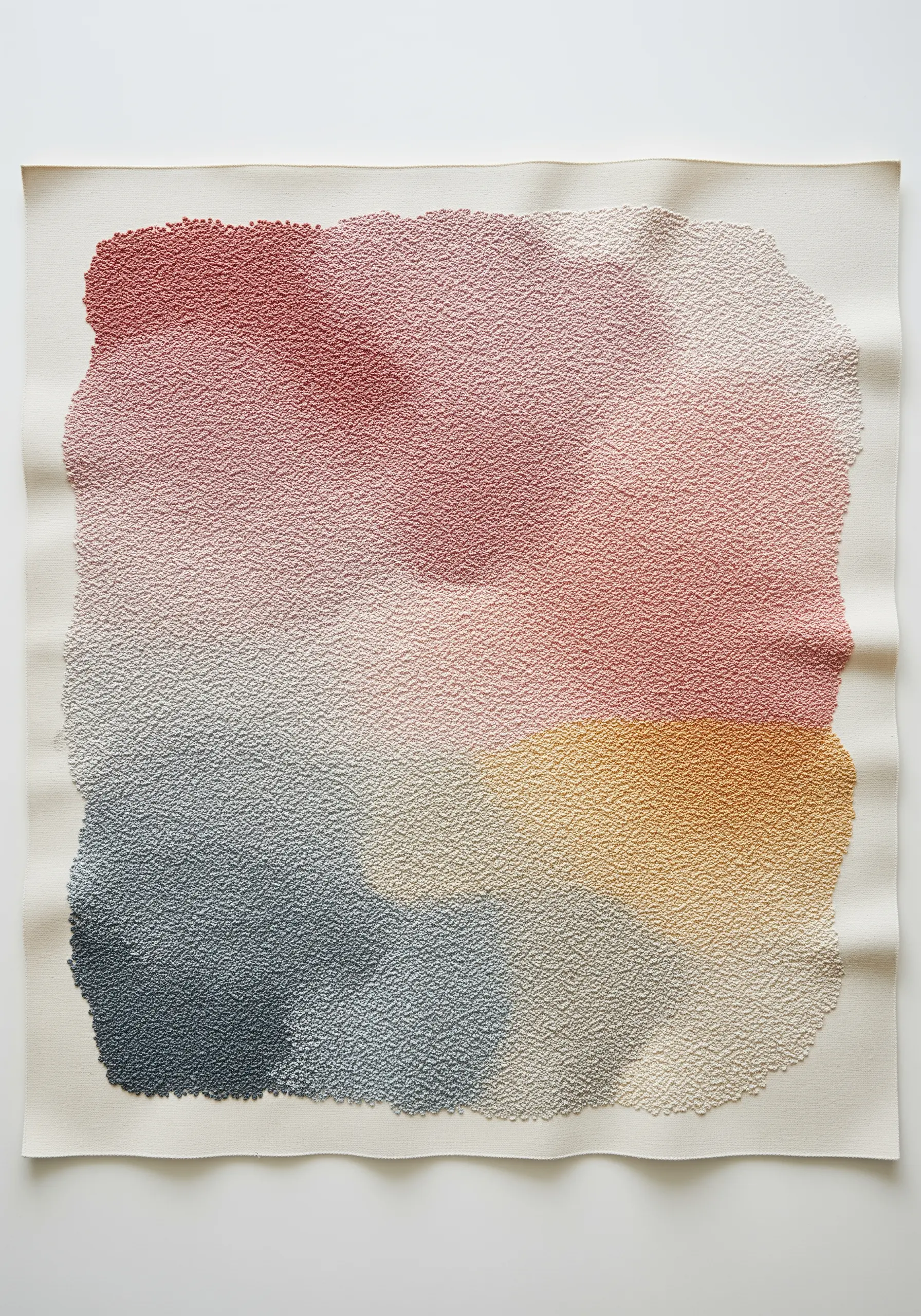 Abstract color field embroidery made entirely of French knots in muted, blended tones.