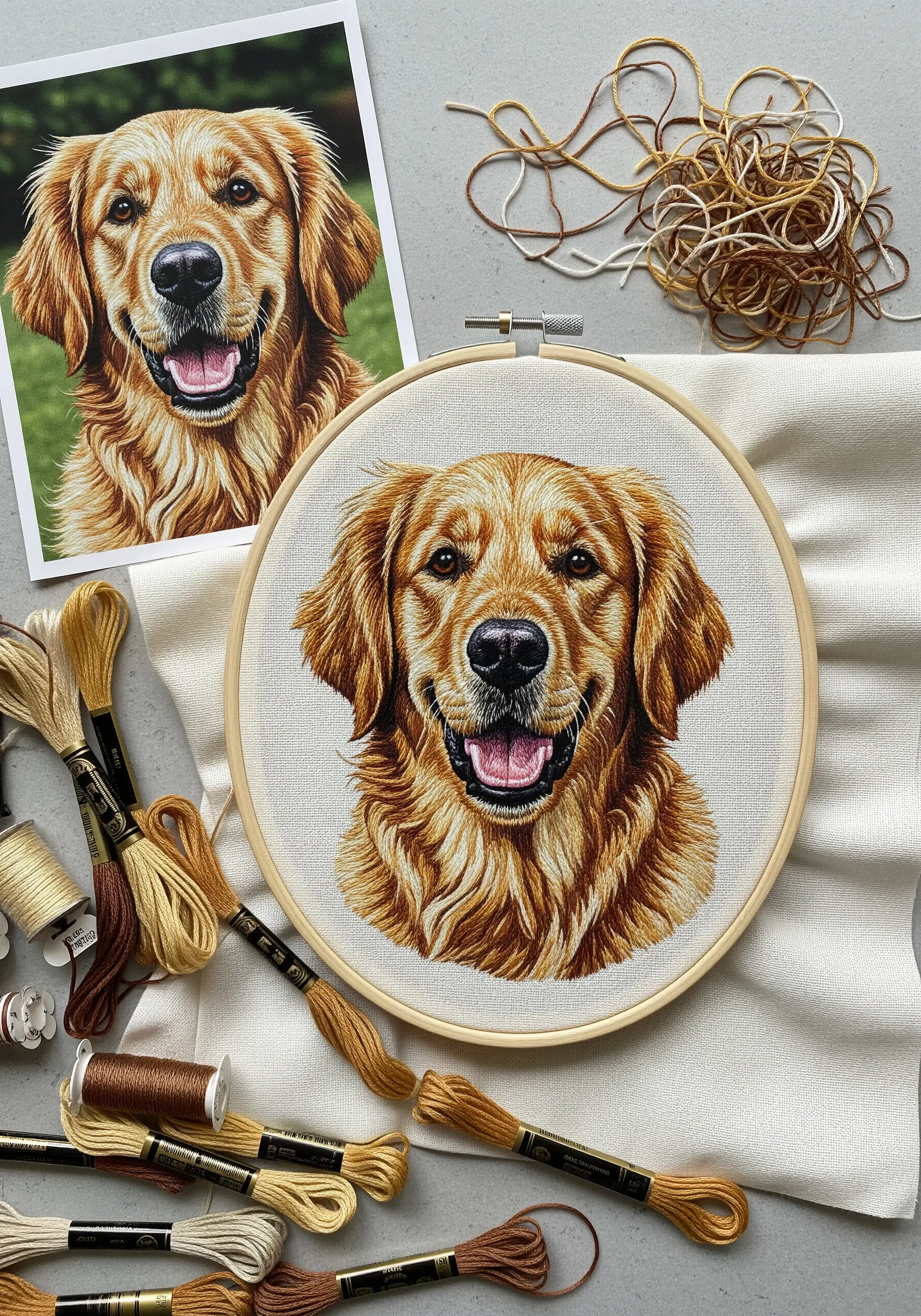 A highly realistic embroidered portrait of a golden retriever, showing detailed thread painting.