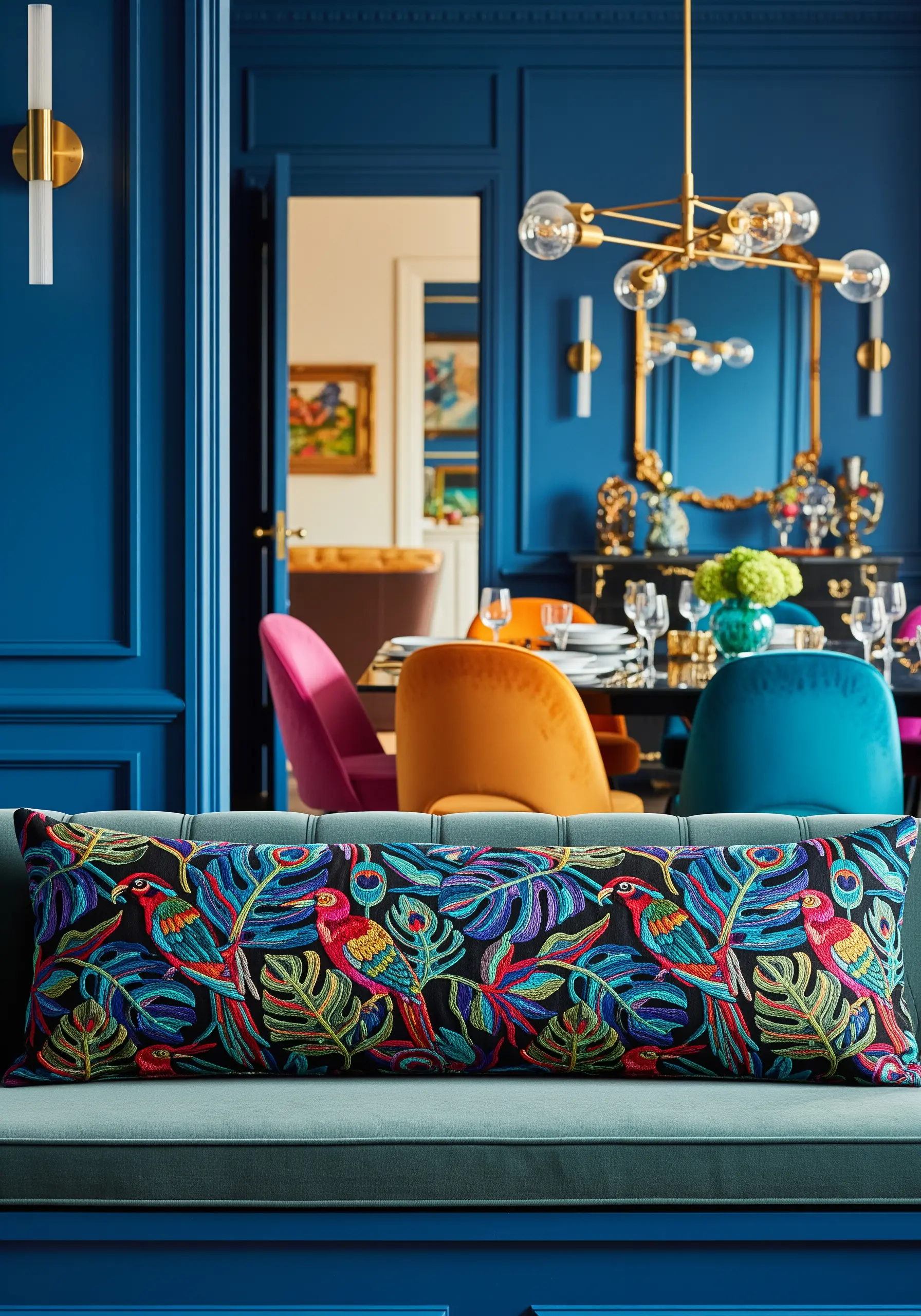 Densely embroidered lumbar pillow with a vibrant tropical pattern of parrots and leaves.