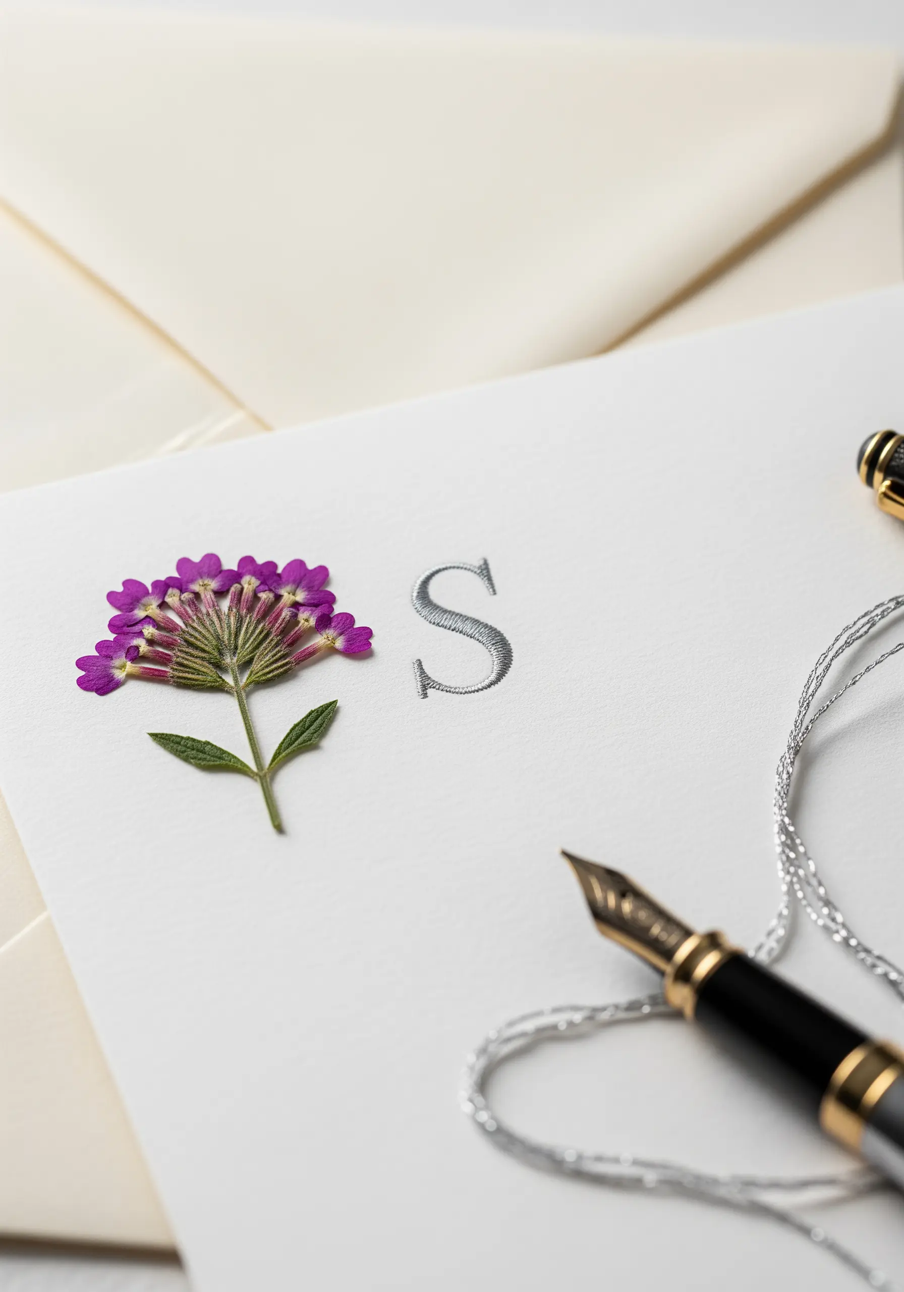 A silver embroidered initial 'S' next to a small pressed purple flower on white cardstock.