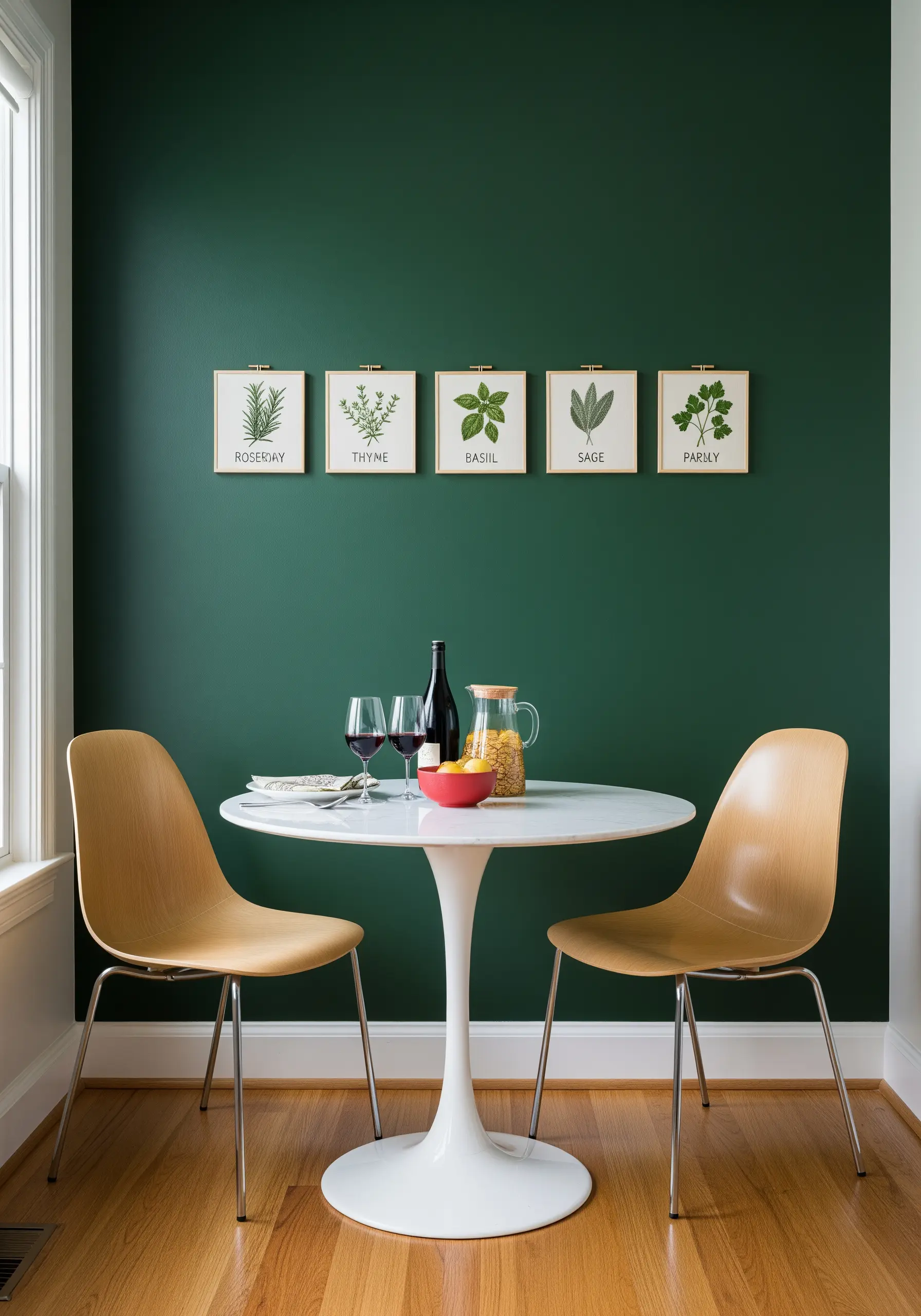 A row of five framed embroidery pieces featuring herbs like rosemary, thyme, and basil