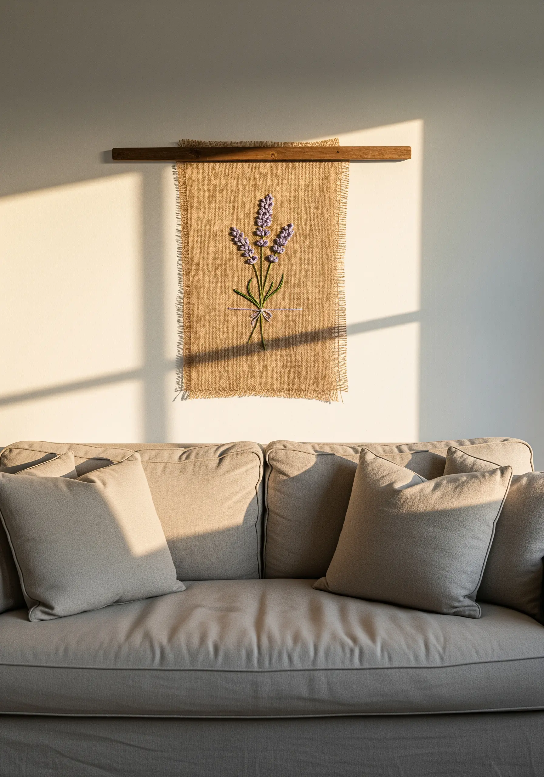 Delicate lavender sprigs embroidered on a rustic burlap wall hanging above a beige sofa.