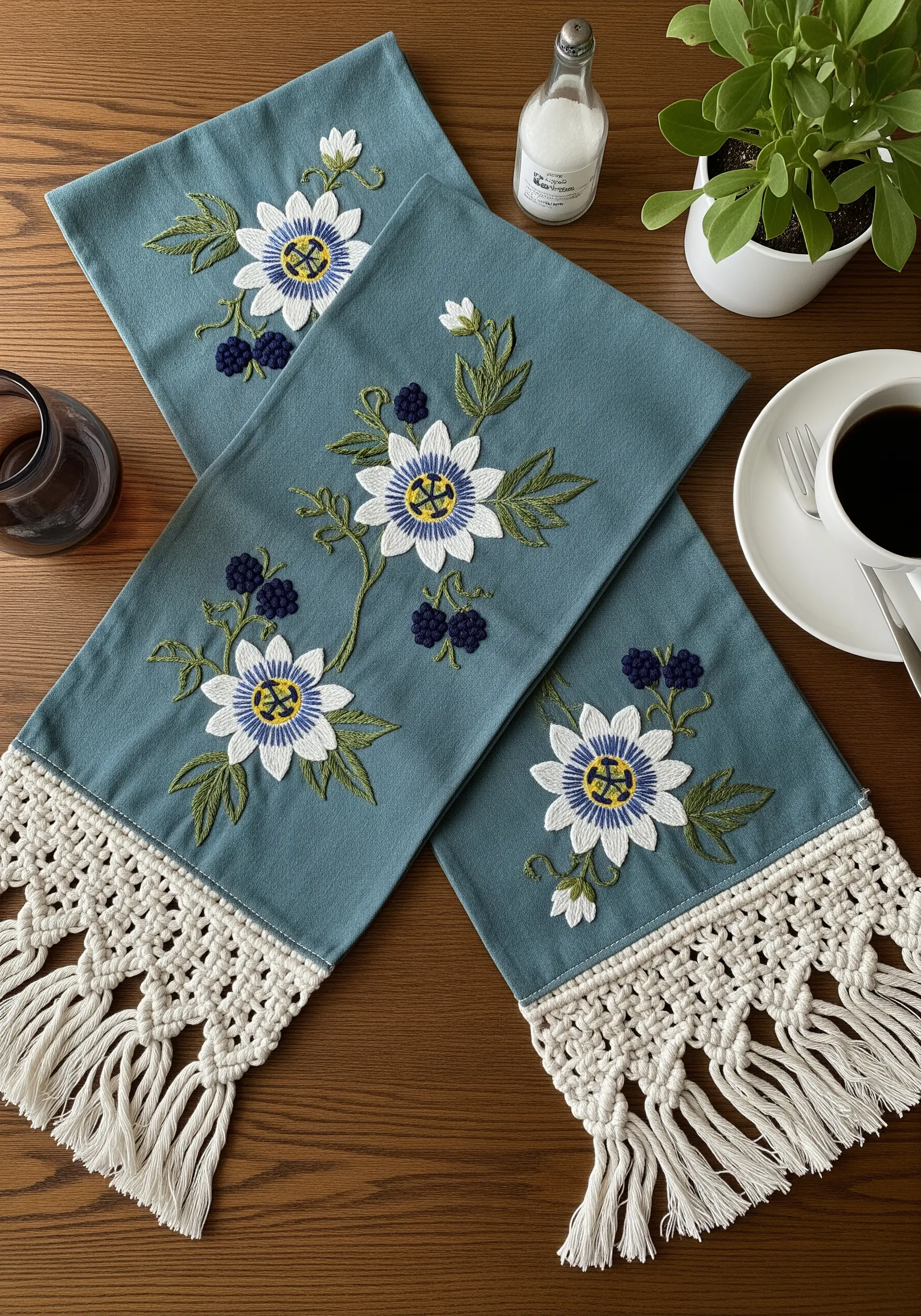 Embroidered white and blue passion flowers on a teal runner with a macrame fringe.