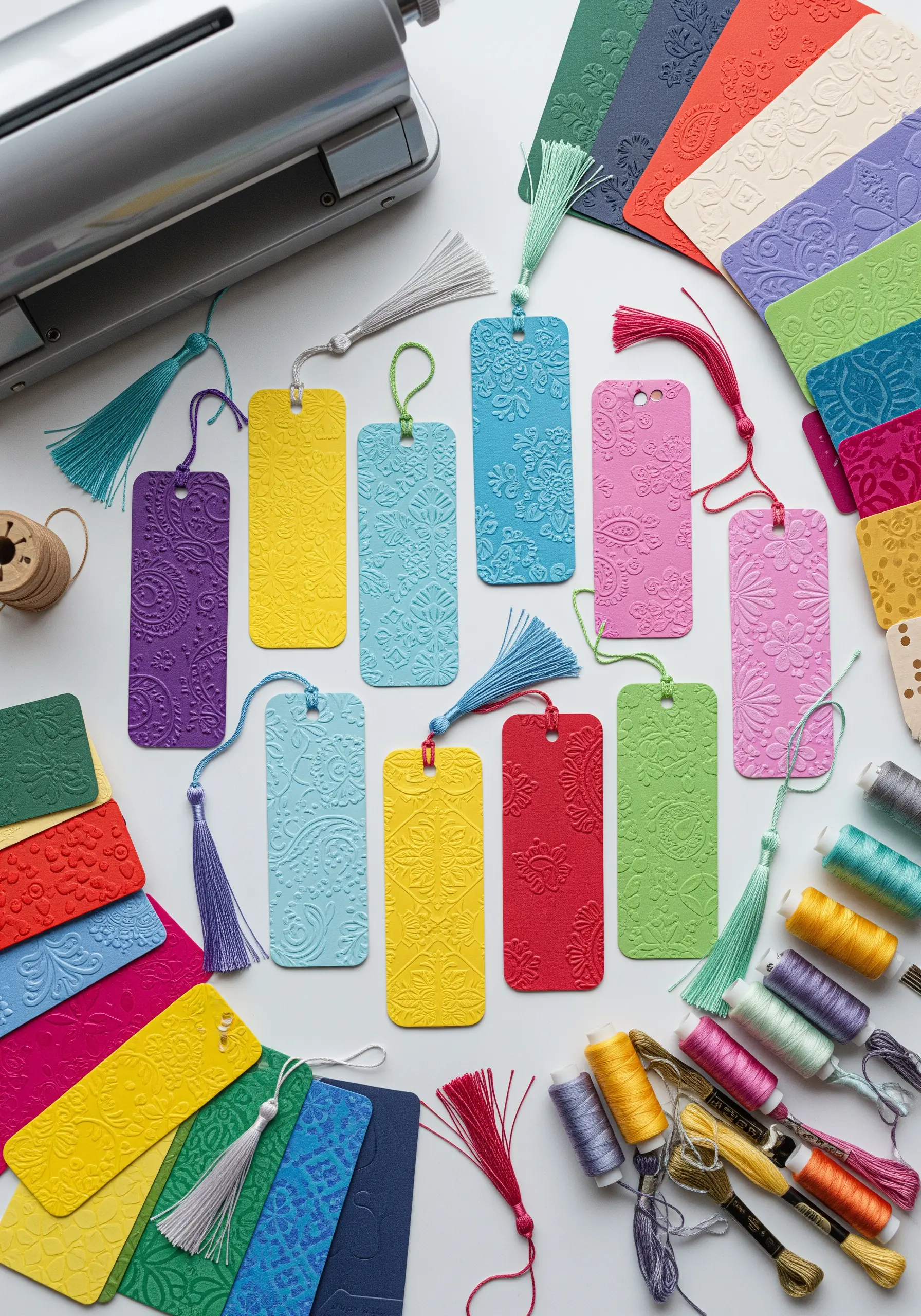 Colorful embossed paper bookmarks arranged with spools of thread and matching tassels.