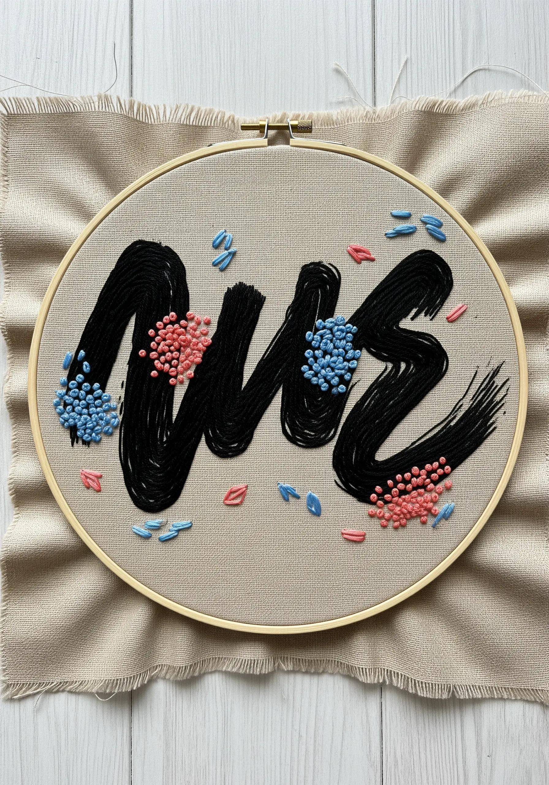 Hand embroidery of the letters 'NHS' with black satin stitch and clusters of French knots.