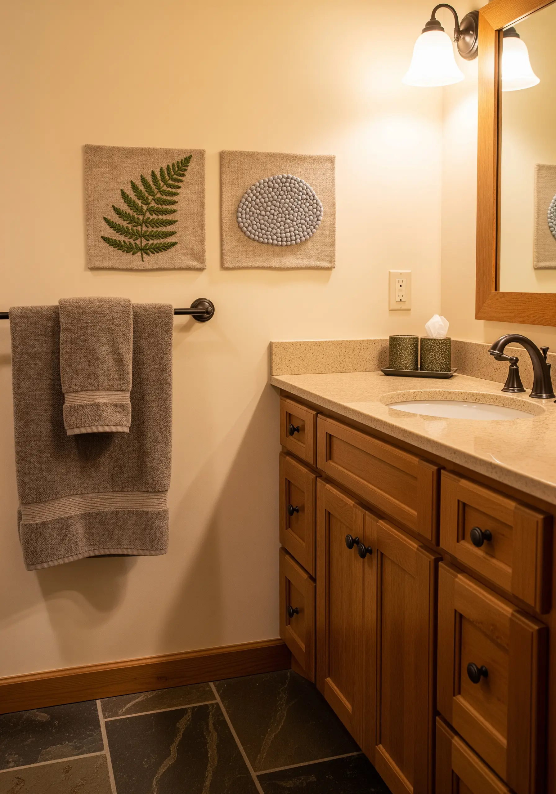 Two square canvases on a wall: one with an embroidered fern, the other with textural grey knots.