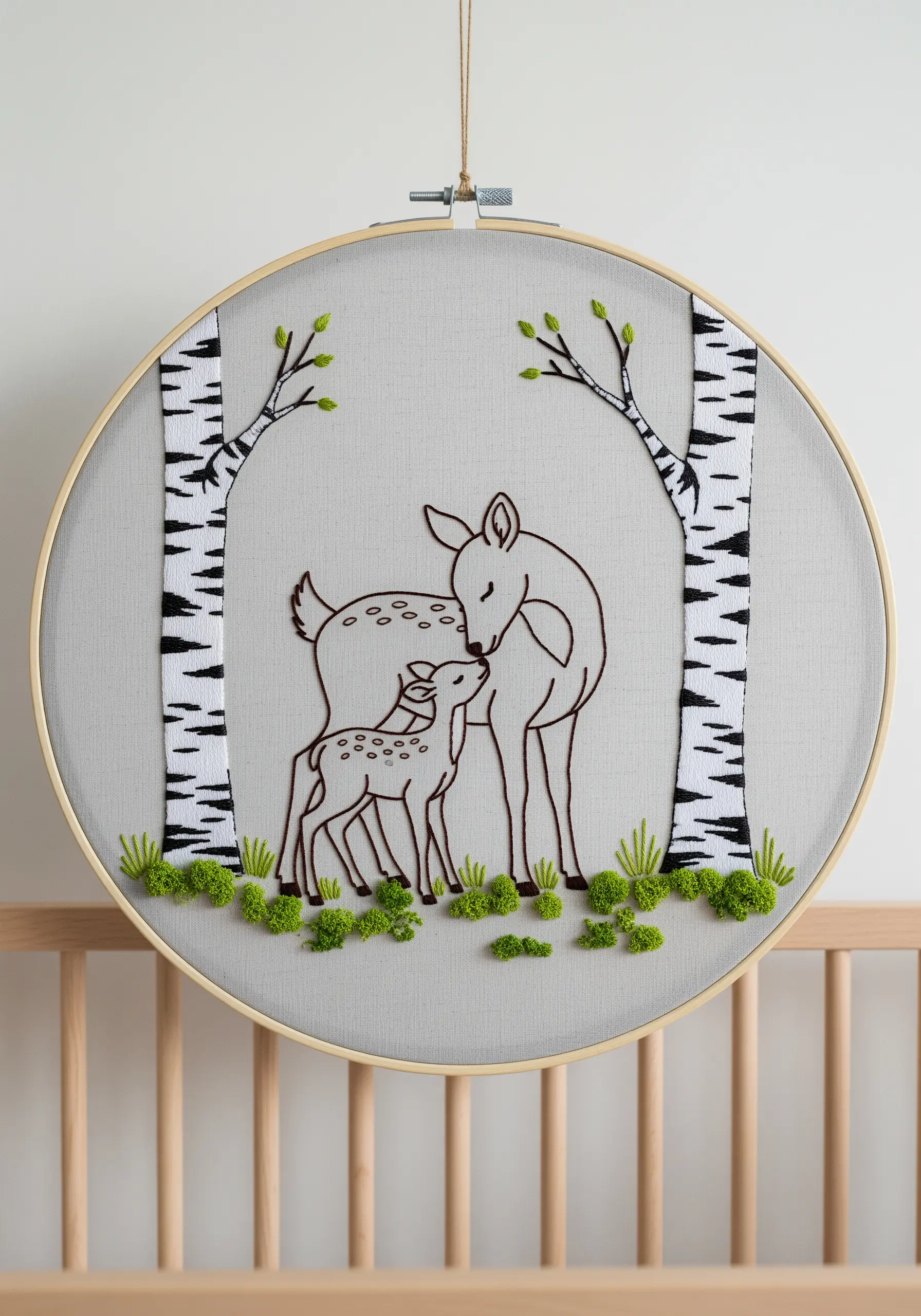 Line art embroidery of deer family with 3D French knot moss.