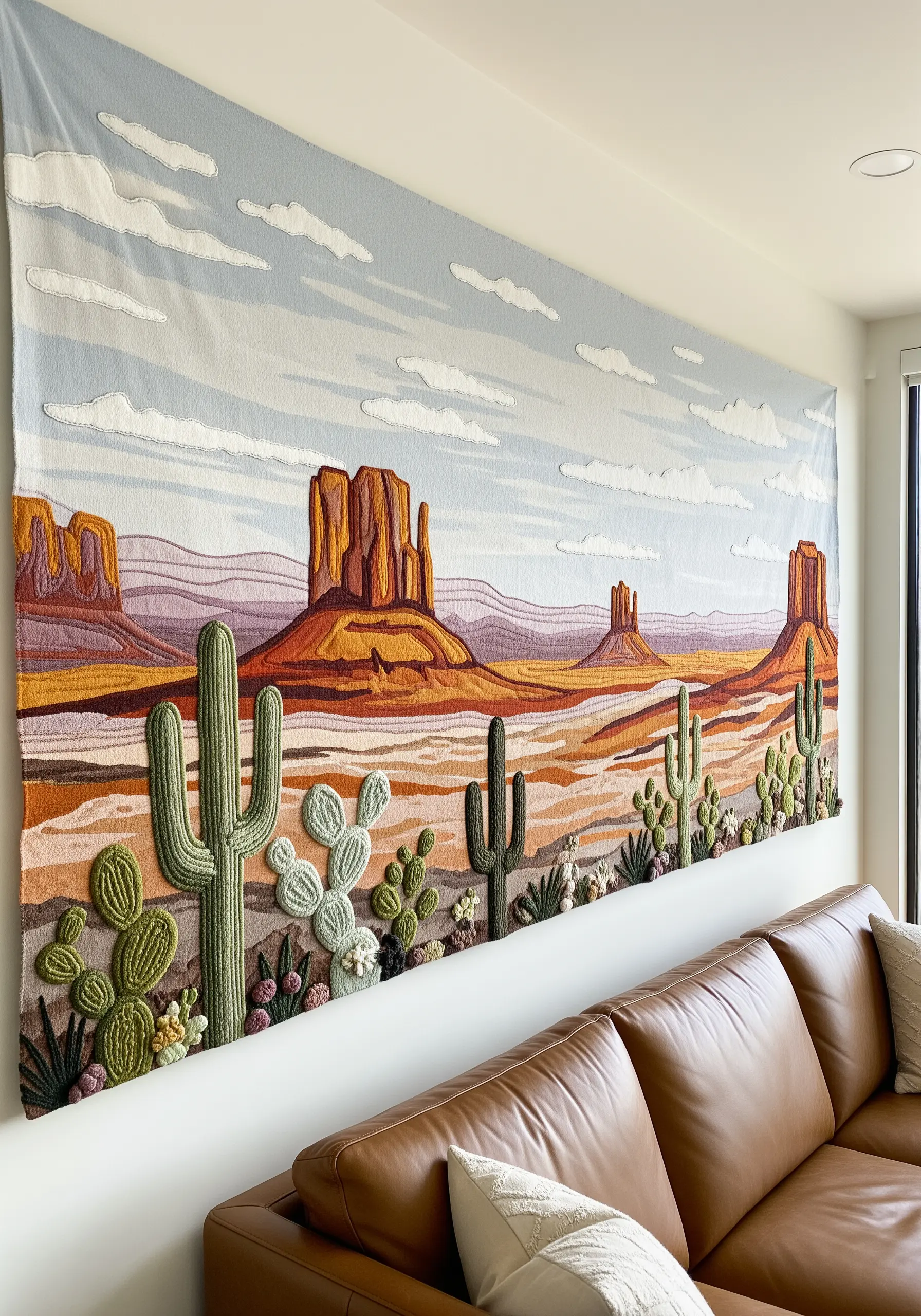 Large embroidered tapestry of a desert landscape with textured cacti in the foreground.
