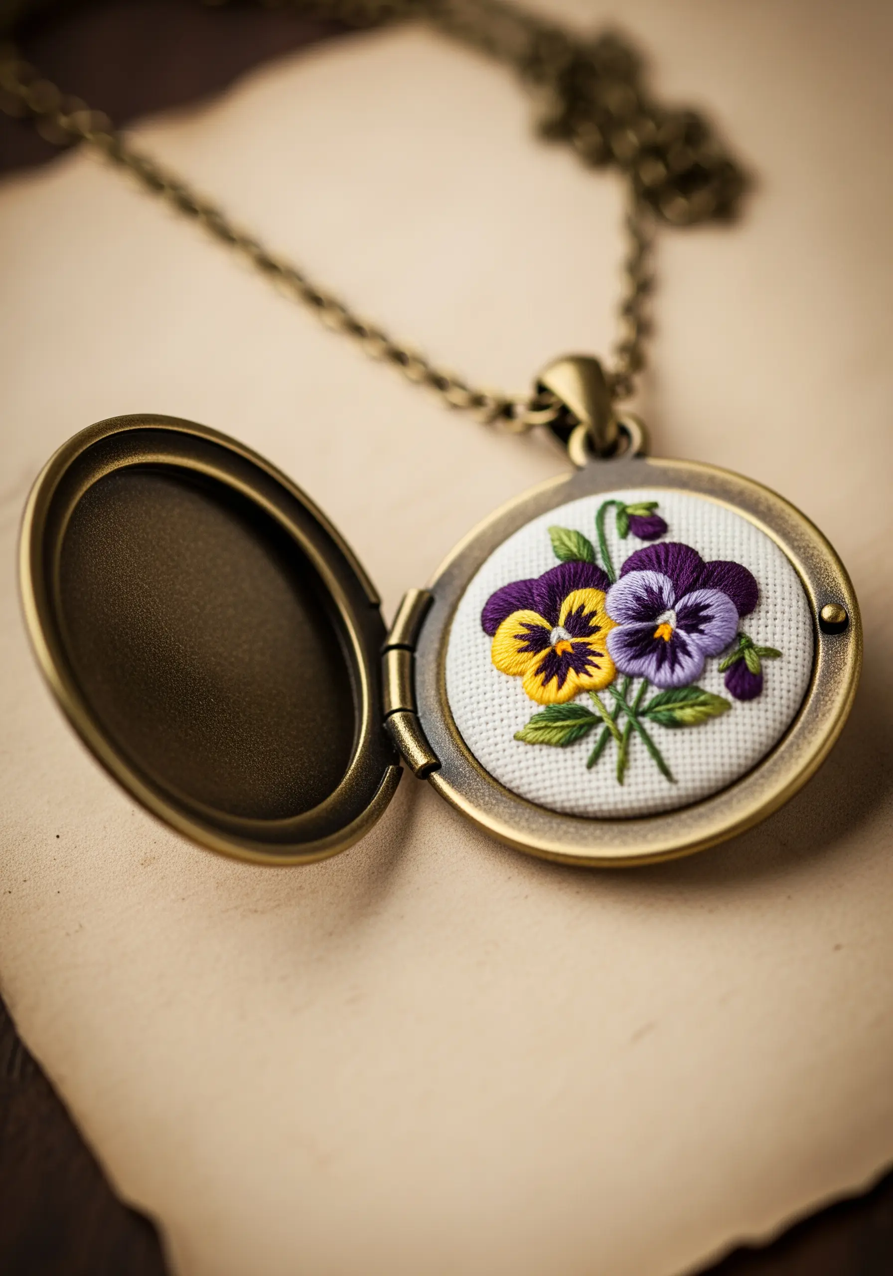 An open locket revealing a detailed embroidery of purple and yellow pansies.