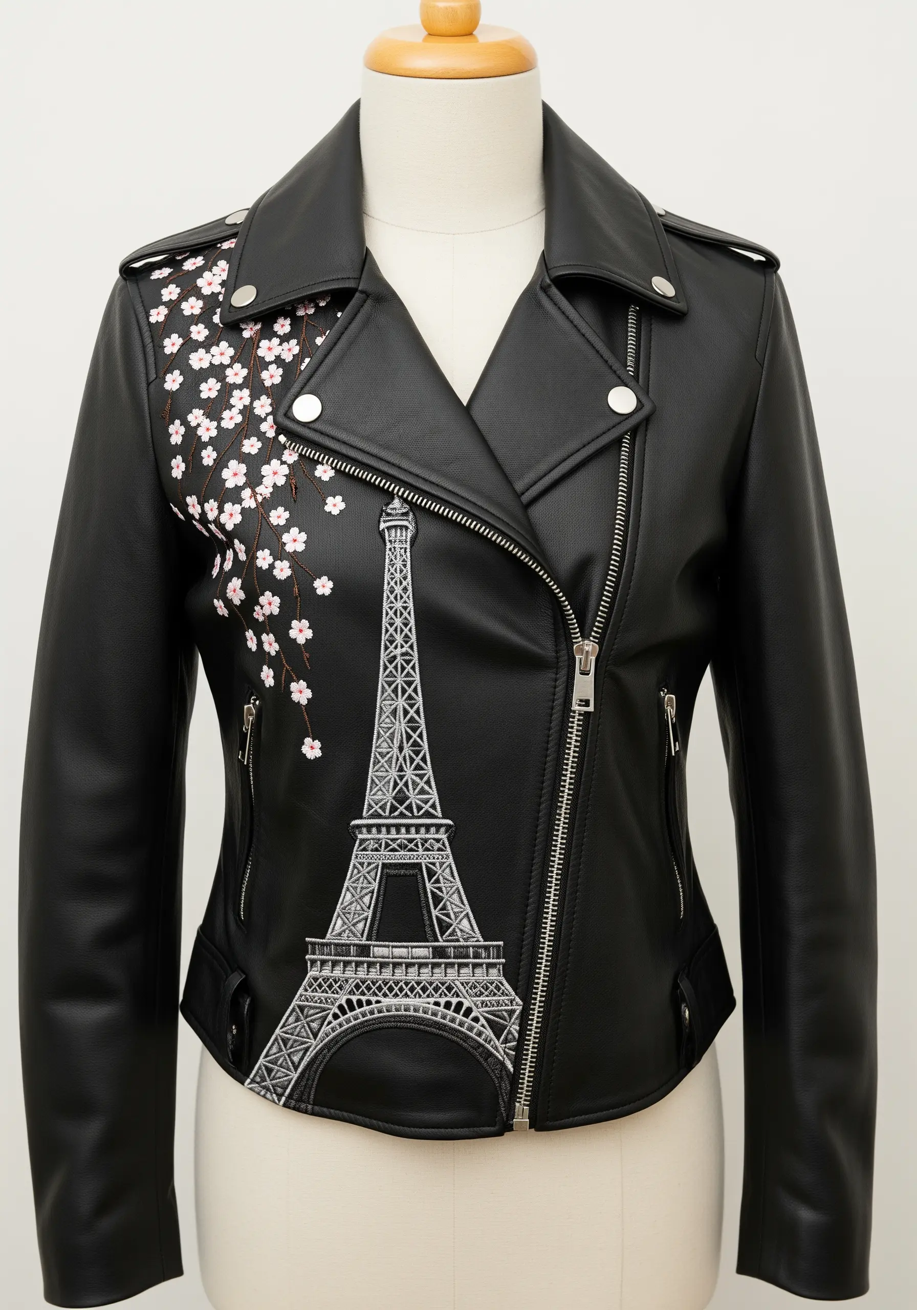 Eiffel Tower line art embroidery with cherry blossoms on a black leather jacket.