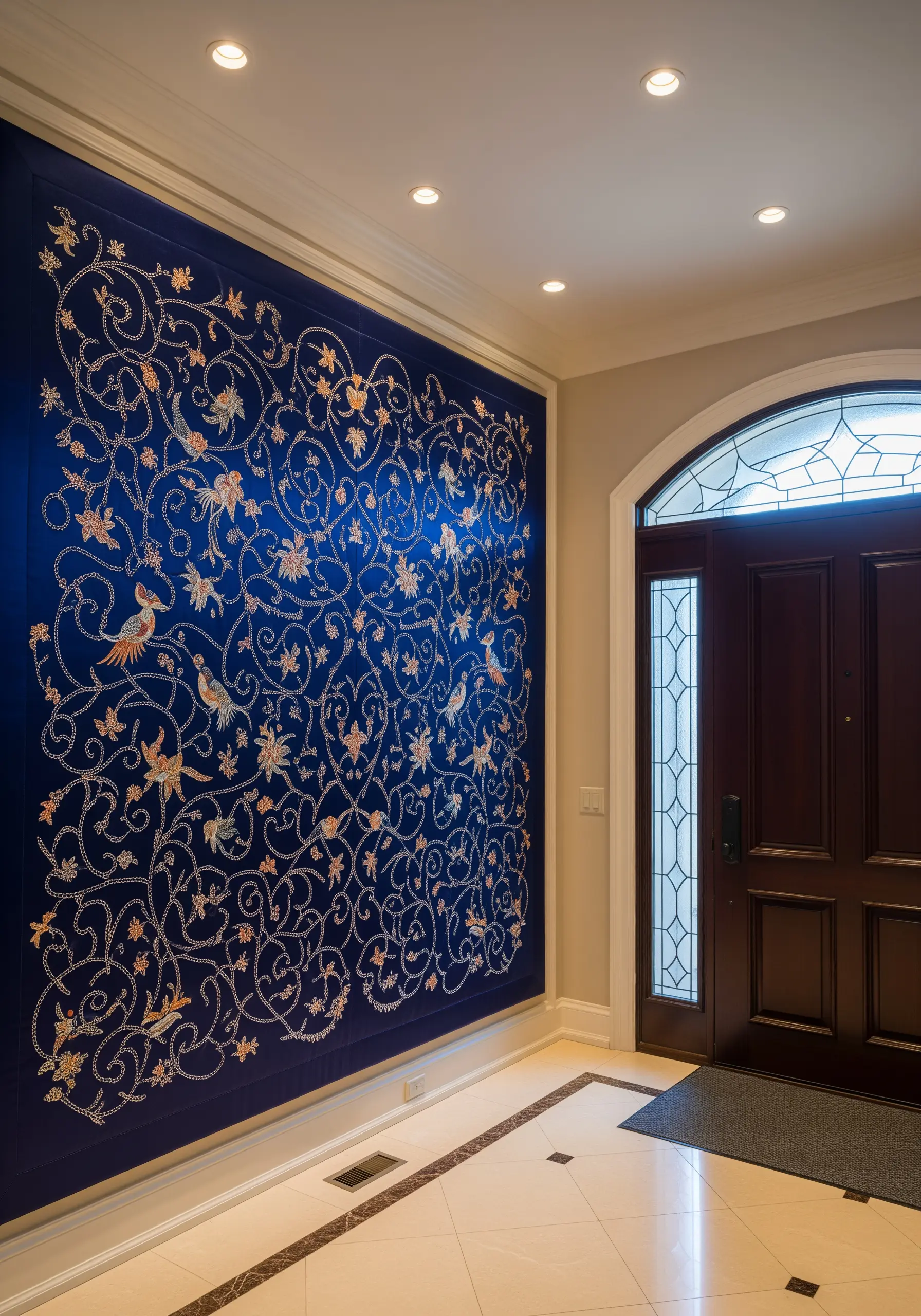 A large, dark blue wall hanging with fine, sprawling Parsi Gara style floral and bird embroidery.