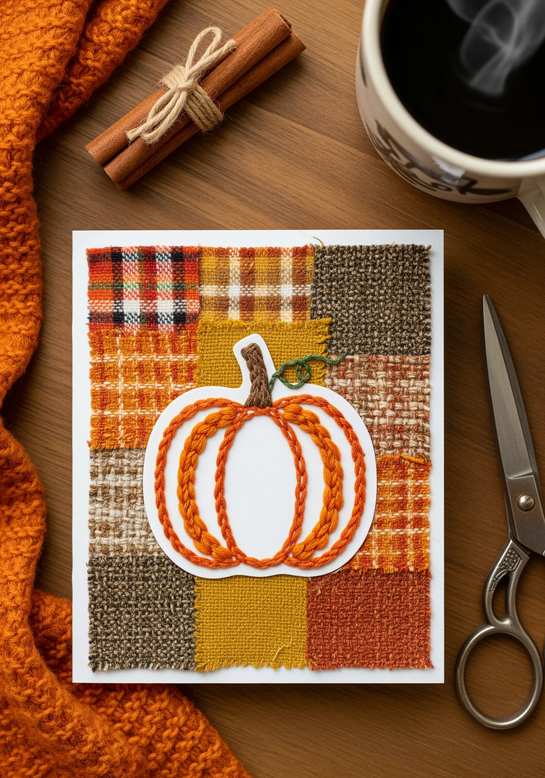 A stitched pumpkin outline on paper, layered over a patchwork background of autumn fabrics.