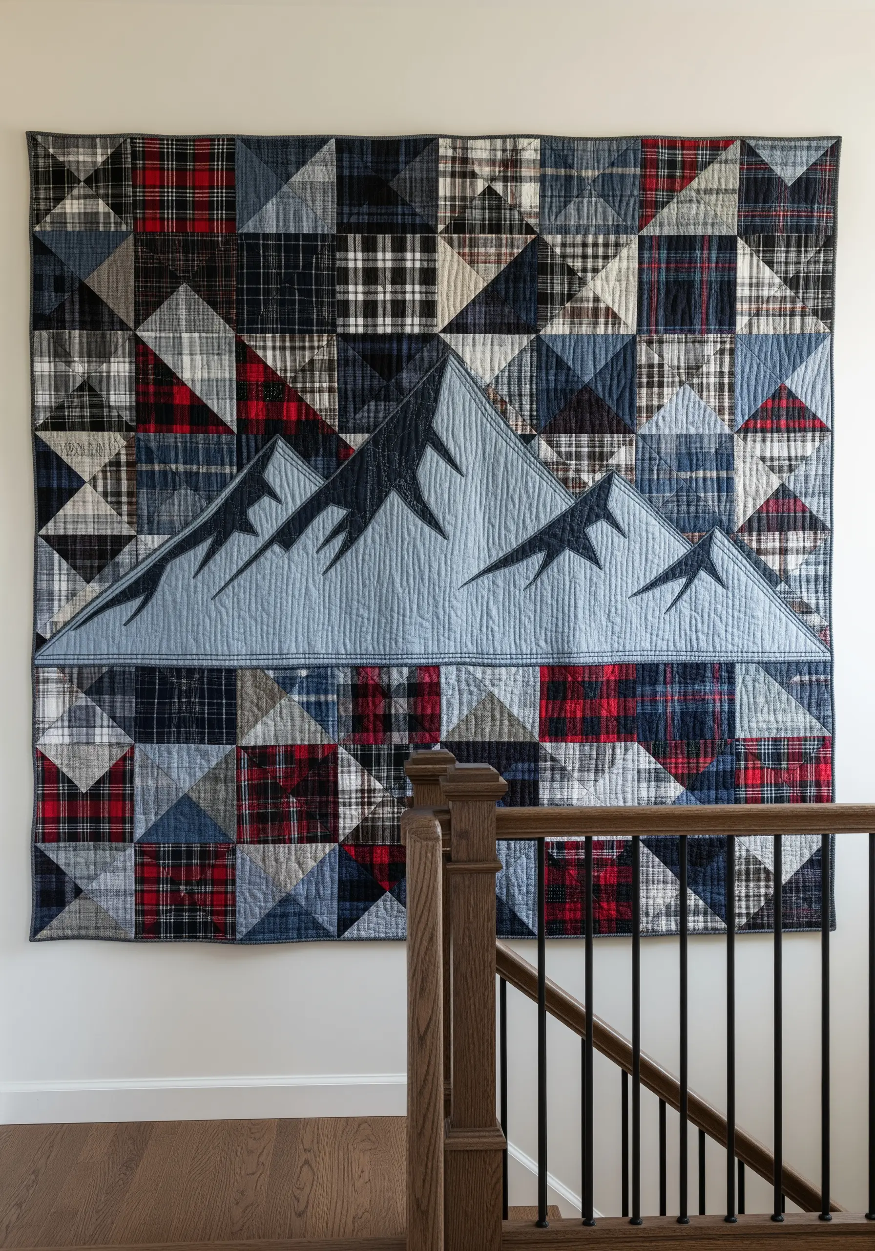 A large patchwork quilt made of plaid squares with a stitched appliqué of a mountain range.
