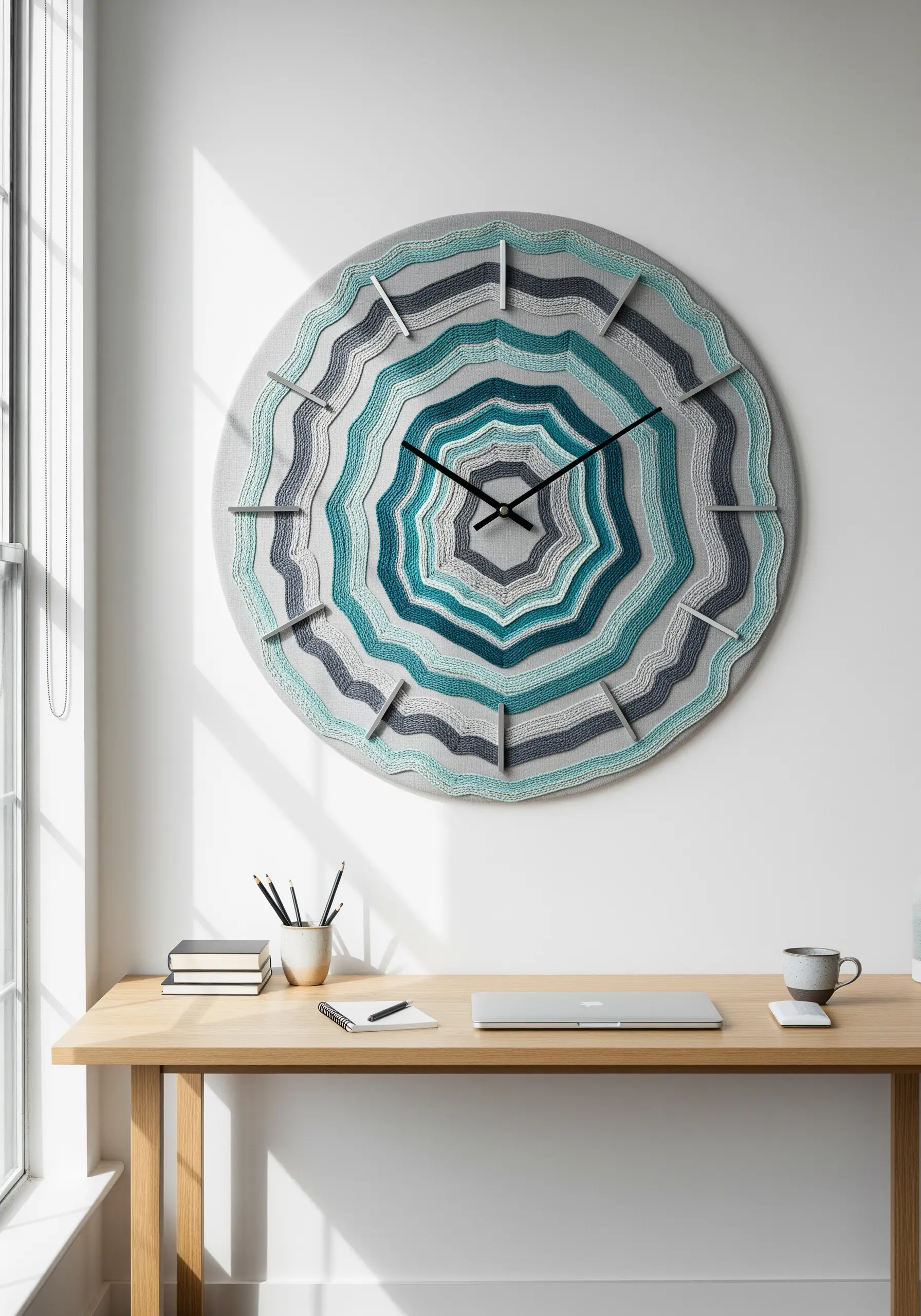 Concentric rings of whipped running stitch in teal and grey, forming a wall clock.