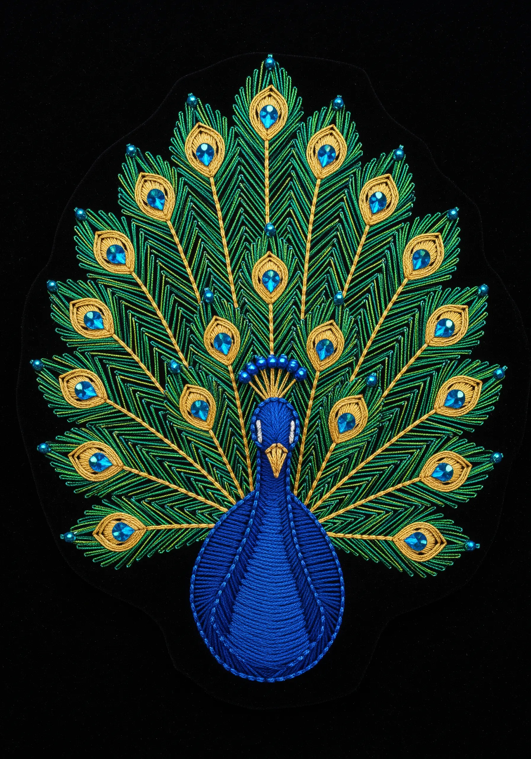 Satin-stitched peacock embroidery with gold thread outlines and blue beaded feather details.