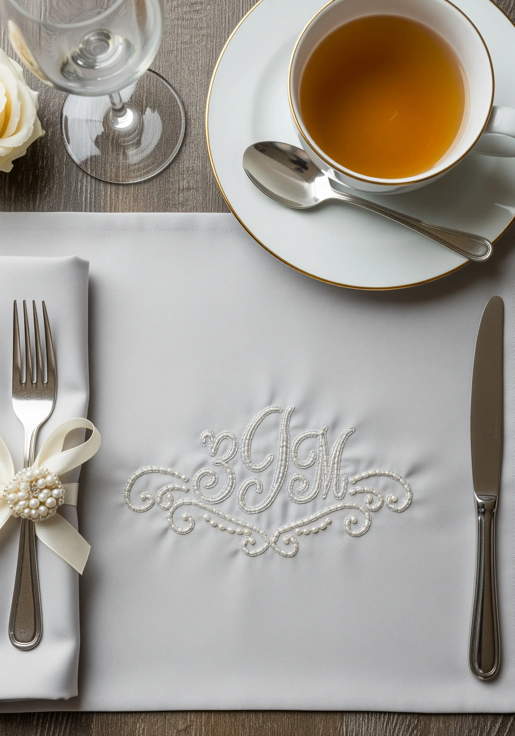 A delicate white monogram on a light grey placemat, with flourishes made of tiny pearl beads.