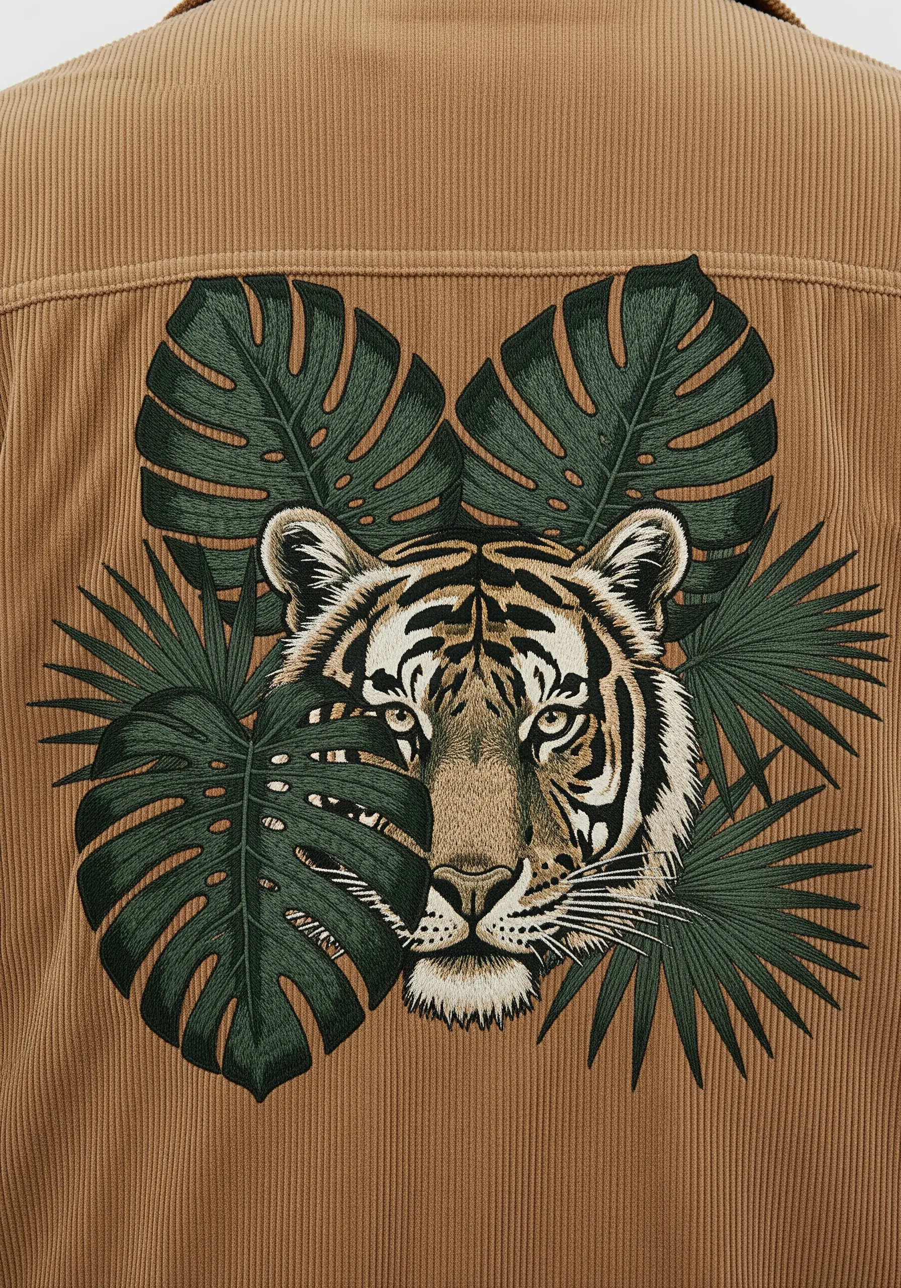 Embroidered tiger face peeking through large, dark green tropical leaves on a corduroy jacket.