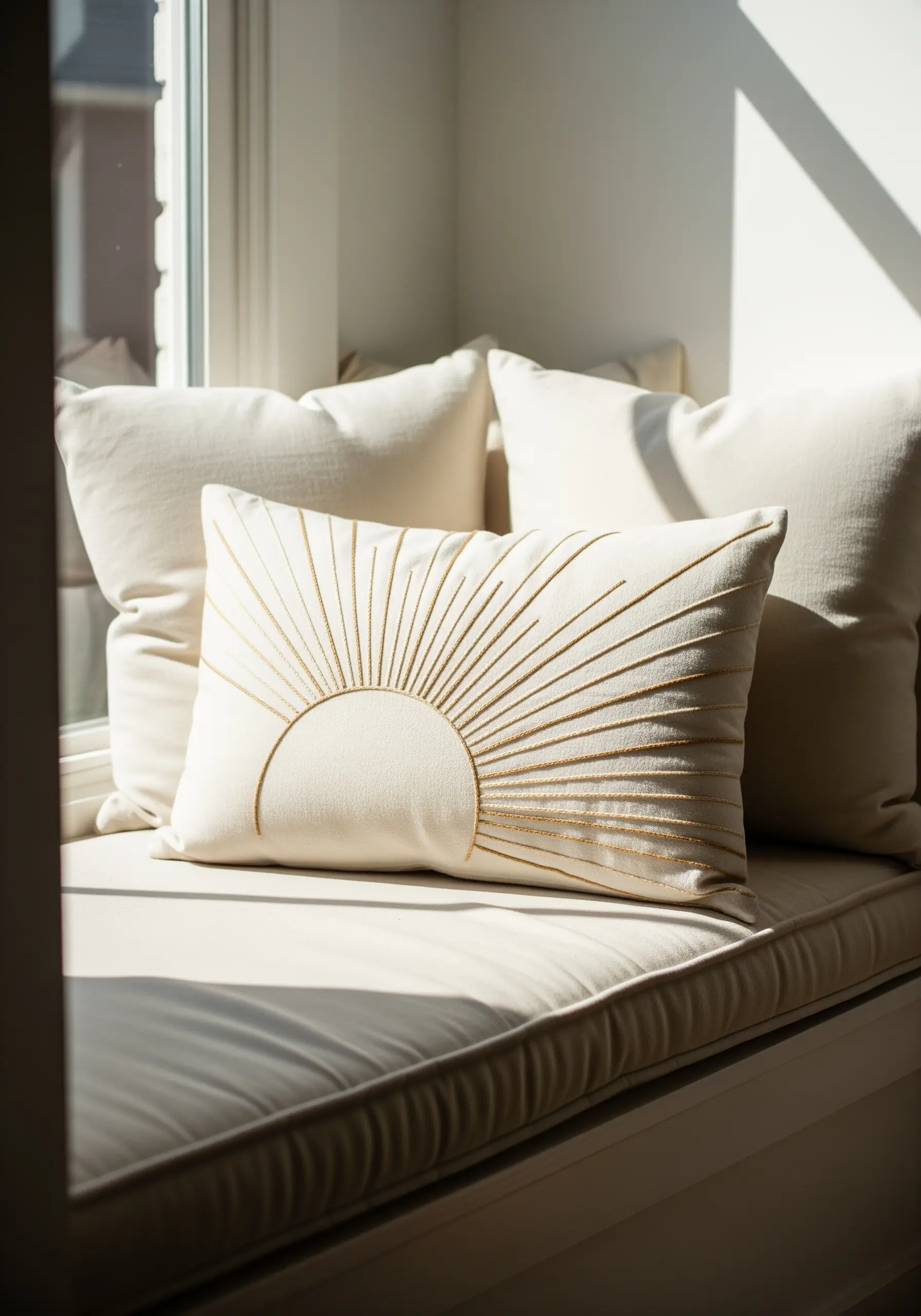 A minimal sunburst design with long, straight stitches on a cream pillow.