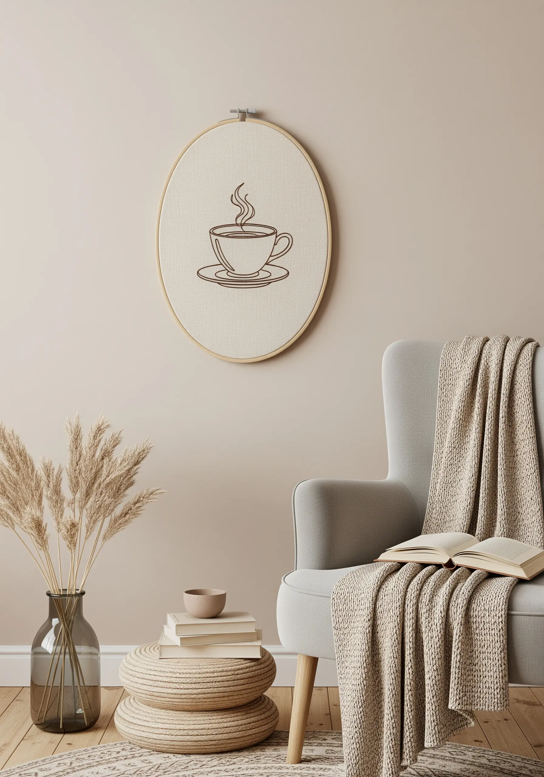 Minimalist line art embroidery of a steaming coffee cup on neutral linen fabric.