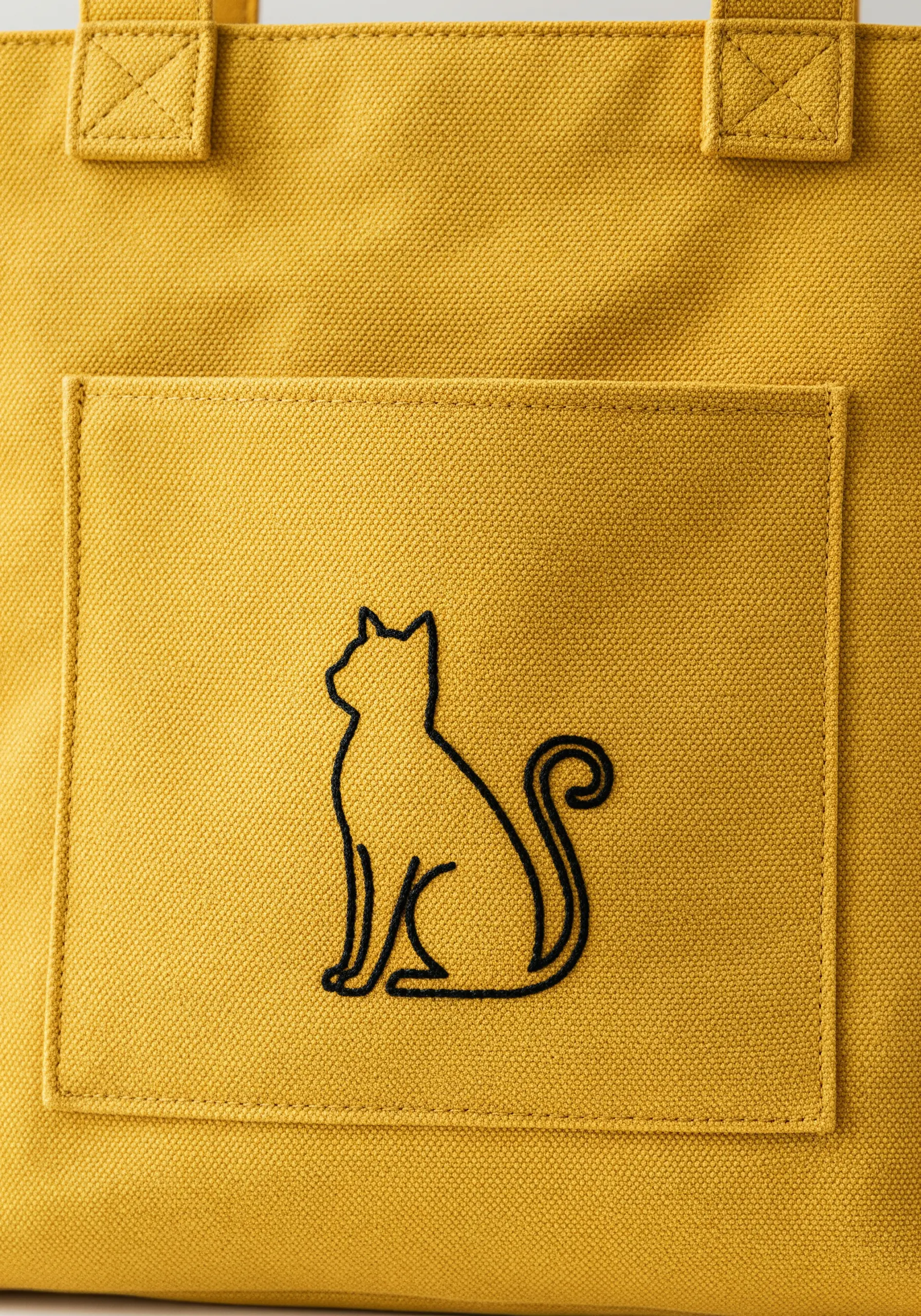 A clean black backstitch outline of a sitting cat on the pocket of a yellow tote bag.