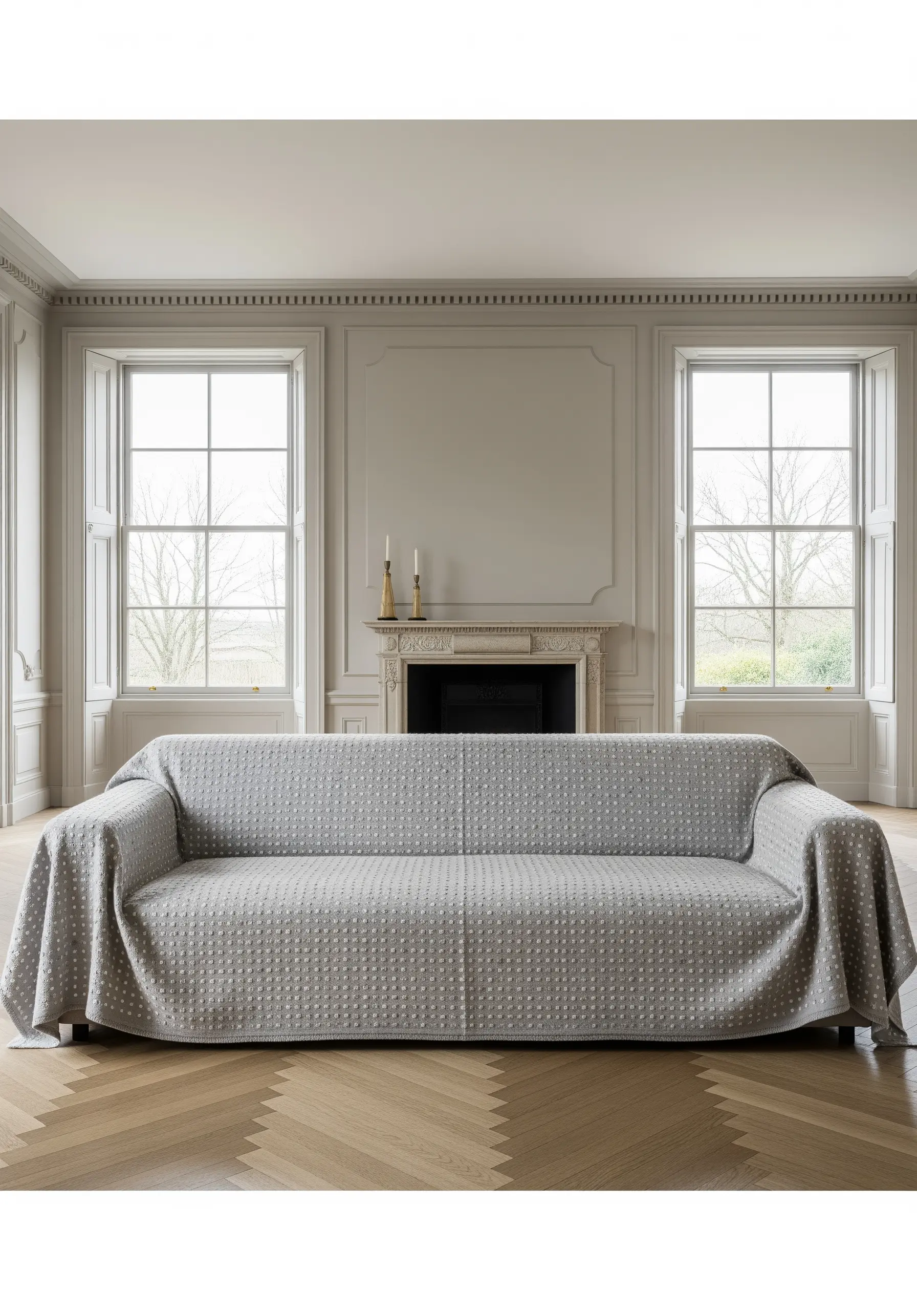 A pale grey throw blanket covered in a uniform pattern of white embroidered dots.