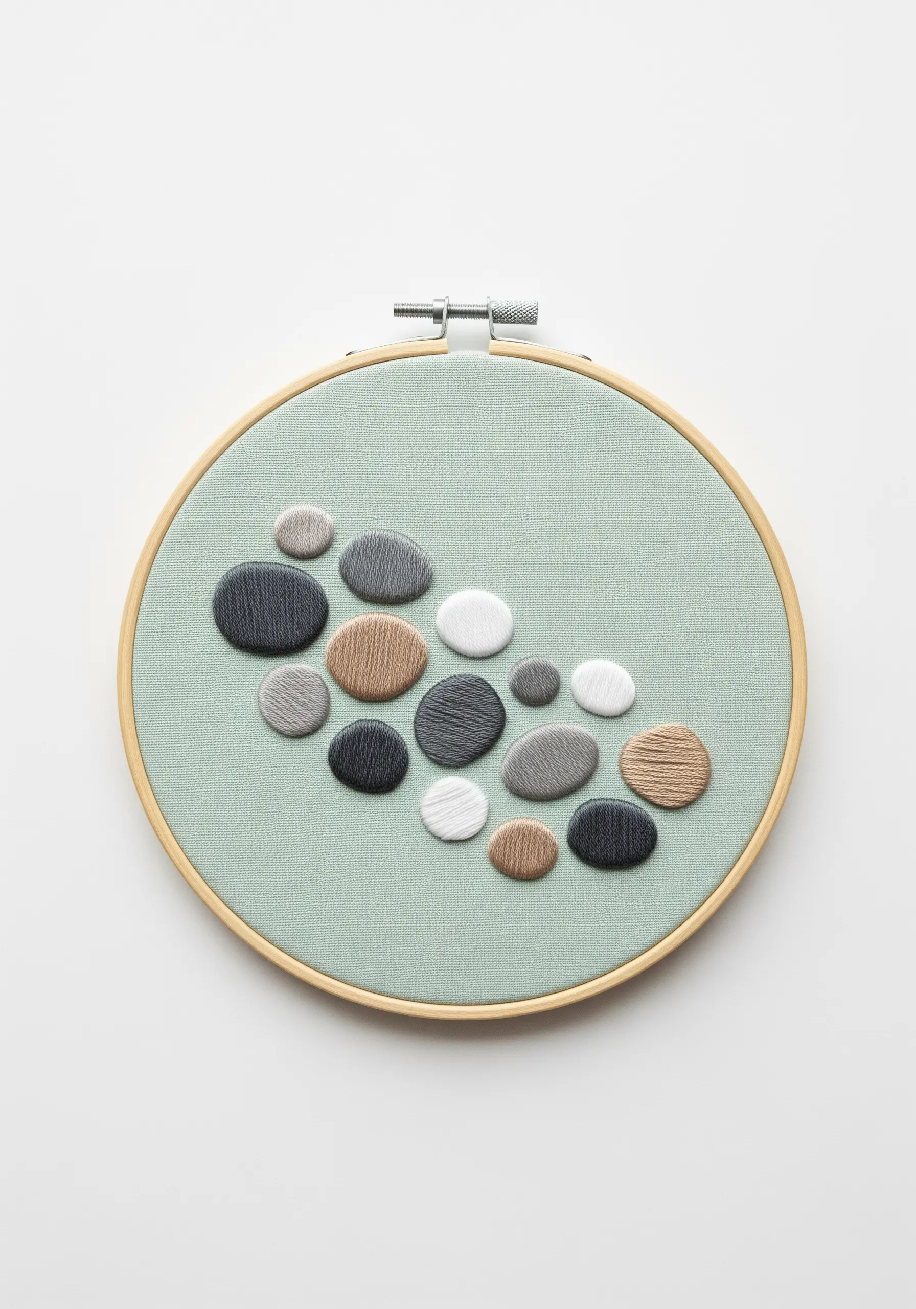 Embroidery of smooth, overlapping pebbles in neutral tones on a light green background.
