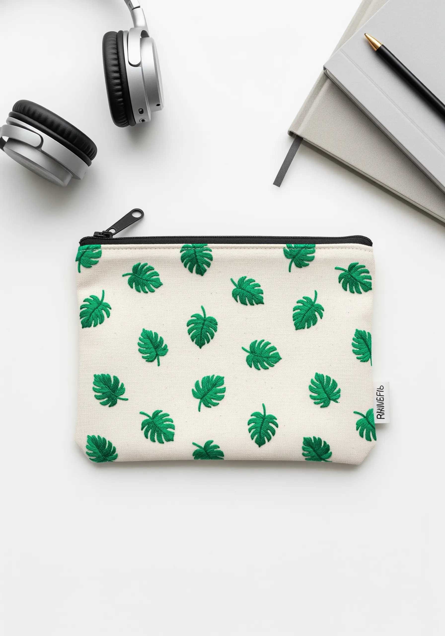 A small canvas pouch with a repeating pattern of tiny green embroidered monstera leaves.