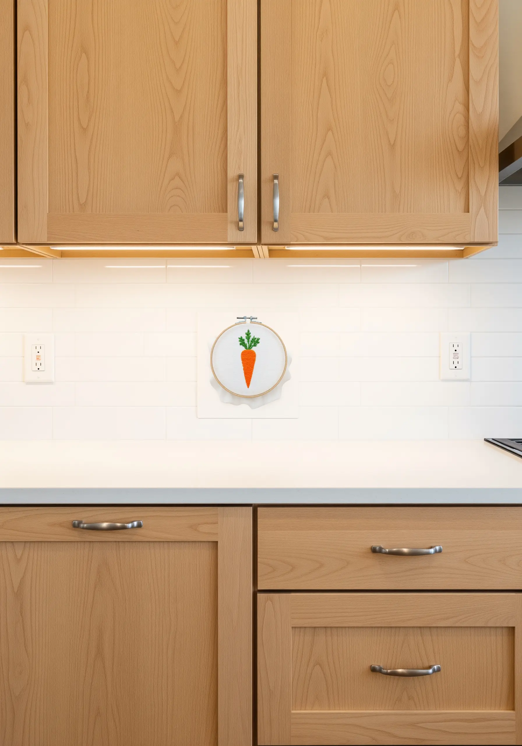 A small embroidered carrot with a smooth satin stitch hanging in a kitchen.