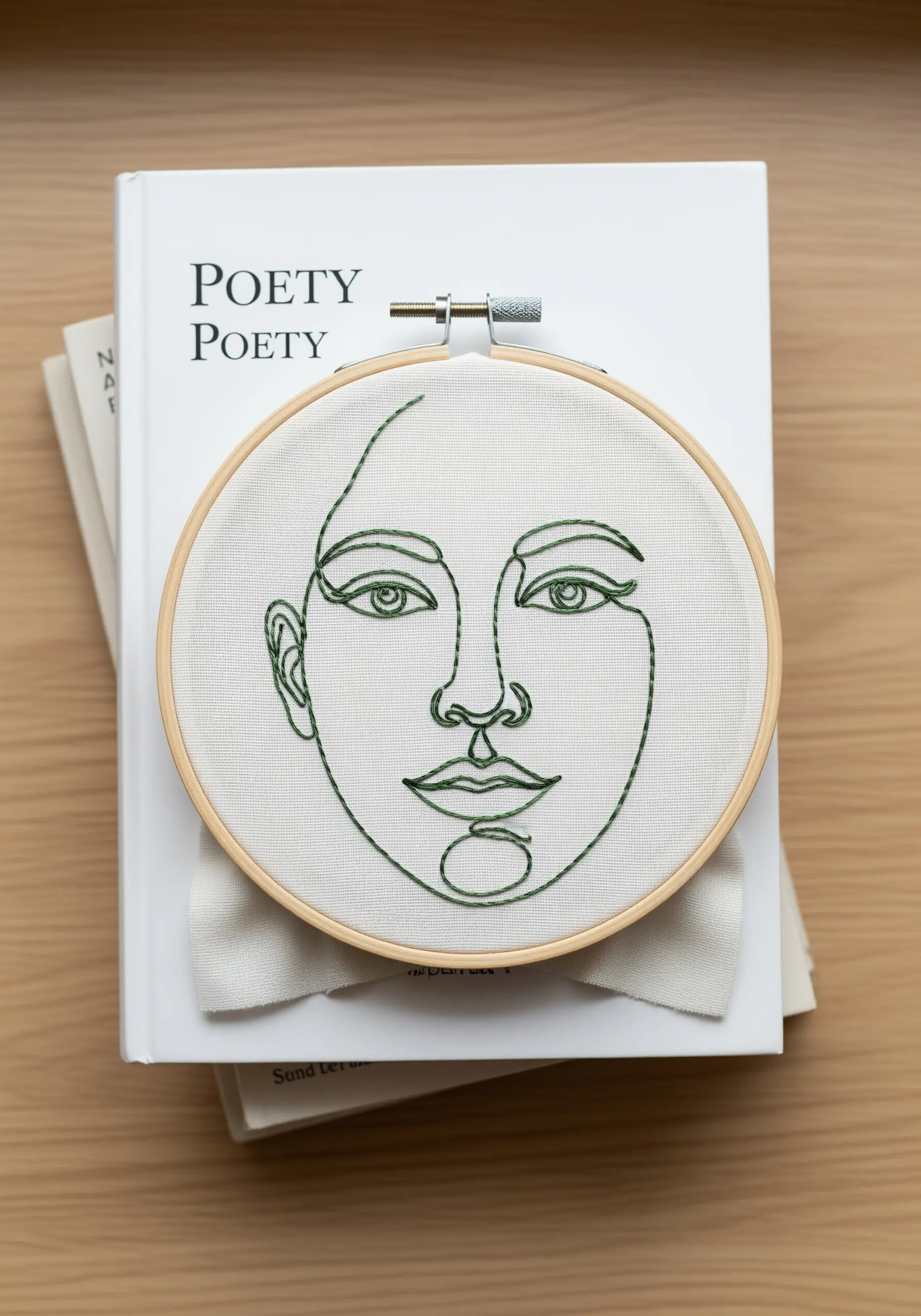 A delicate, single-line face embroidered in green thread on off-white fabric.