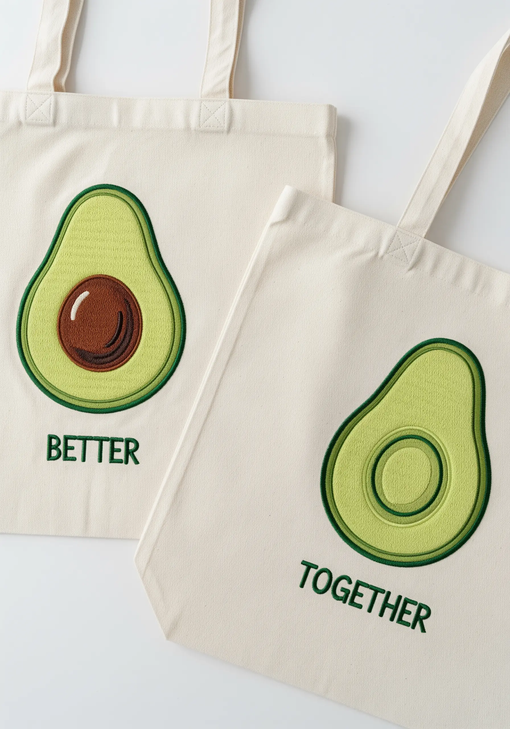 Matching tote bags with an embroidered avocado half and 'Better Together' text.