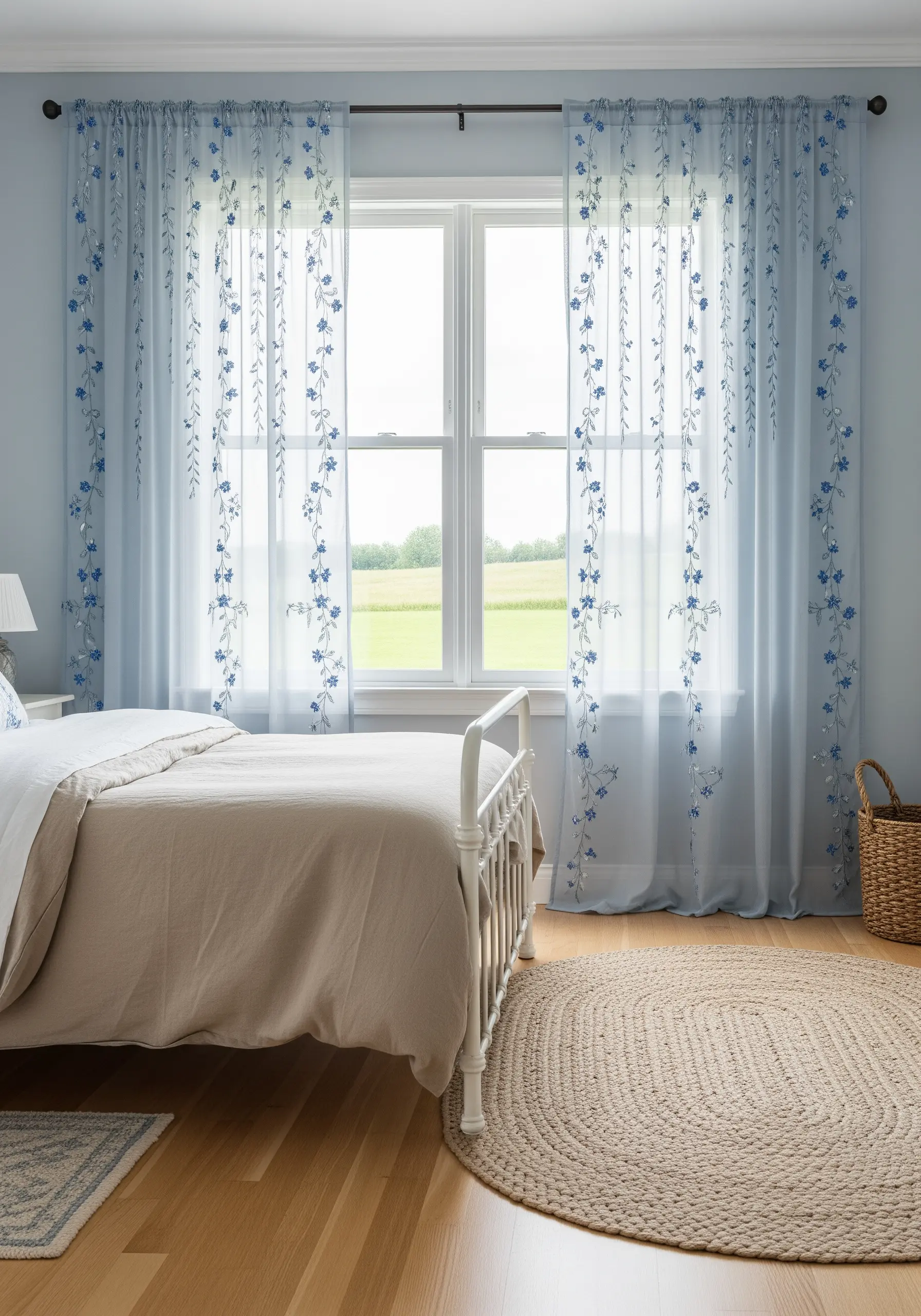 Delicate periwinkle blue floral embroidery on sheer, light-filtering bedroom curtains