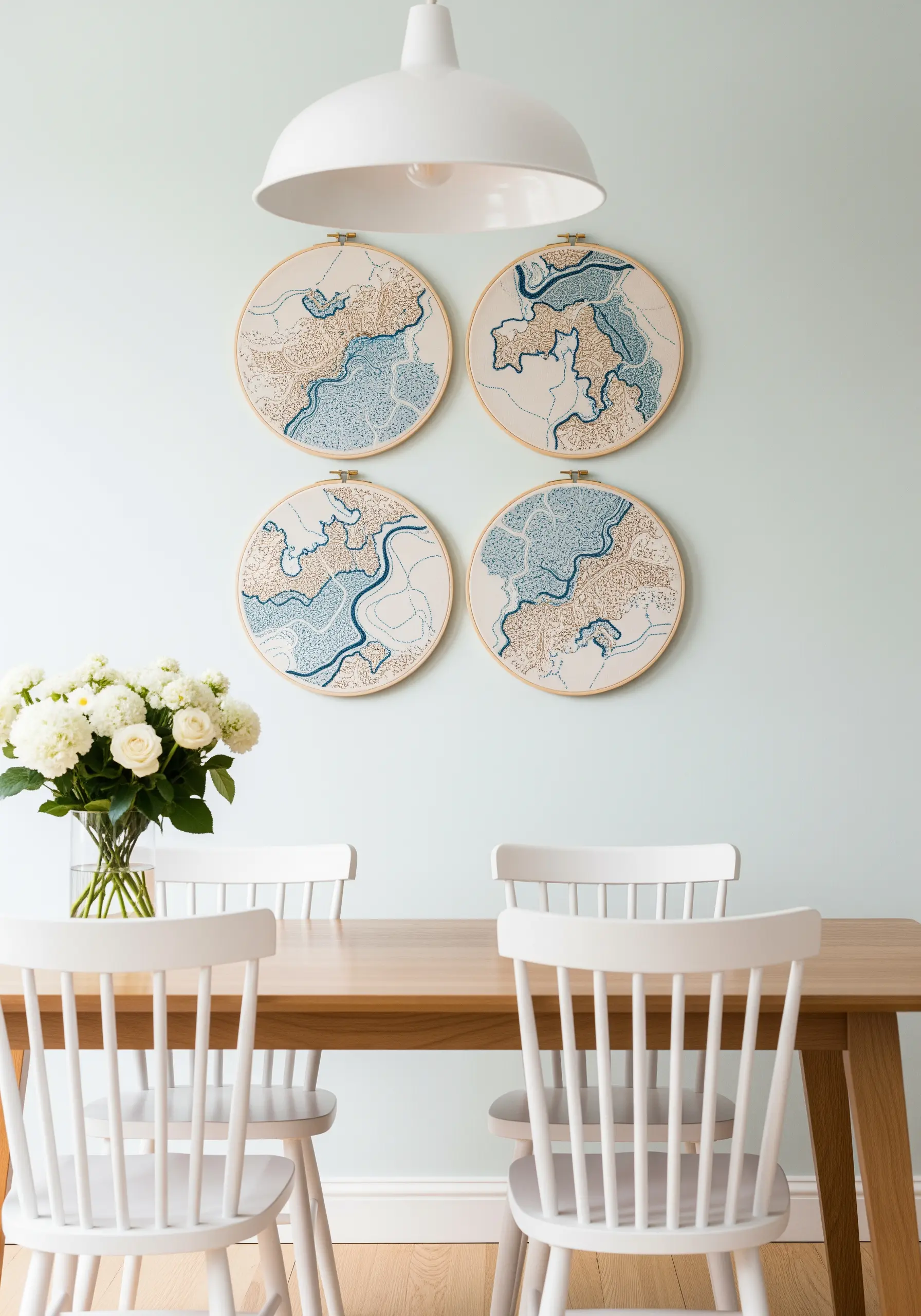 A set of four embroidery hoops displaying sections of an embroidered map.