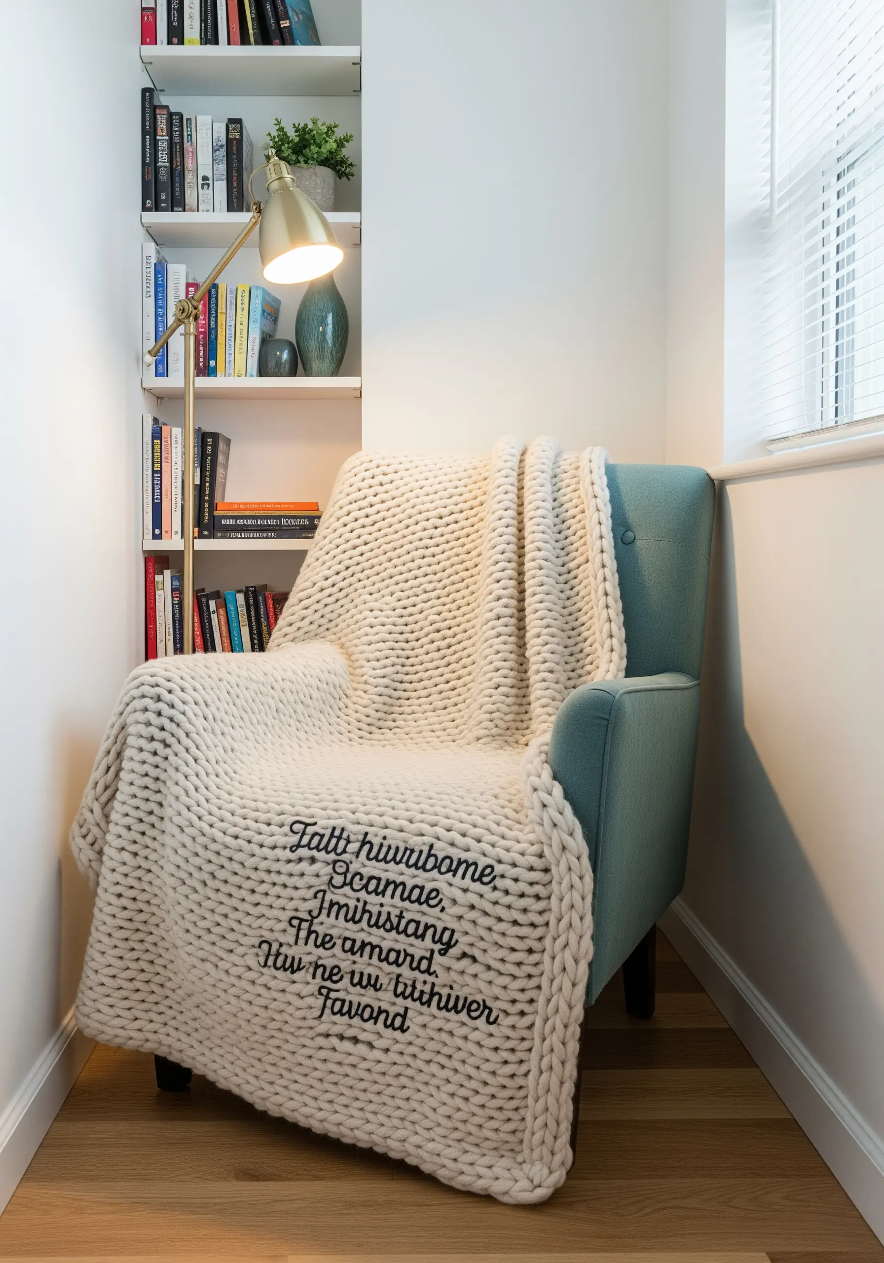 A chunky cream-colored knit blanket draped over a chair, embroidered with black yarn script.