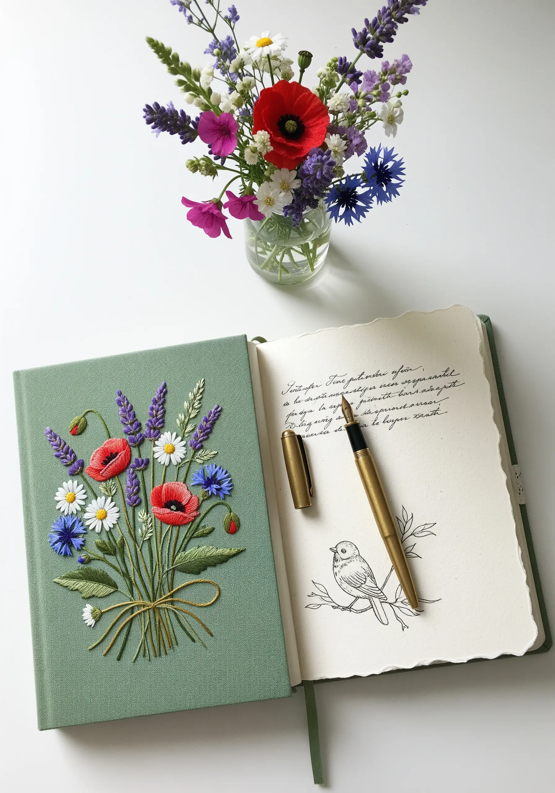 A sage green journal with its cover intricately embroidered with a colorful wildflower bouquet.