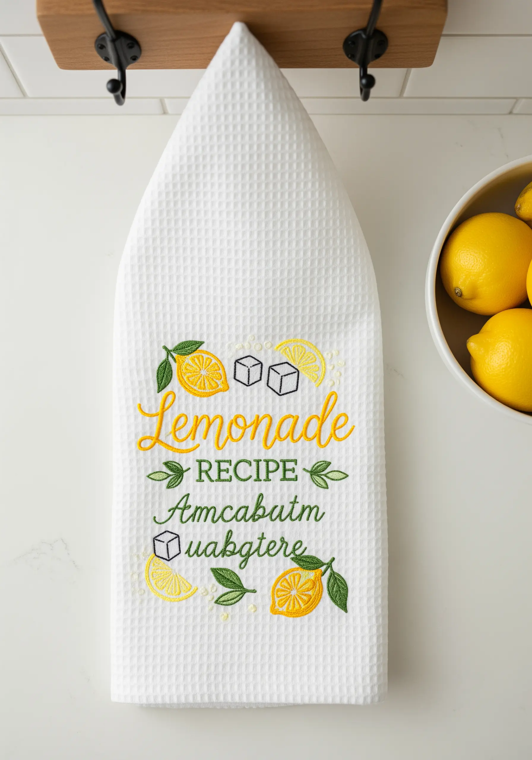 A white waffle-weave kitchen towel embroidered with a lemonade recipe and lemon motifs.