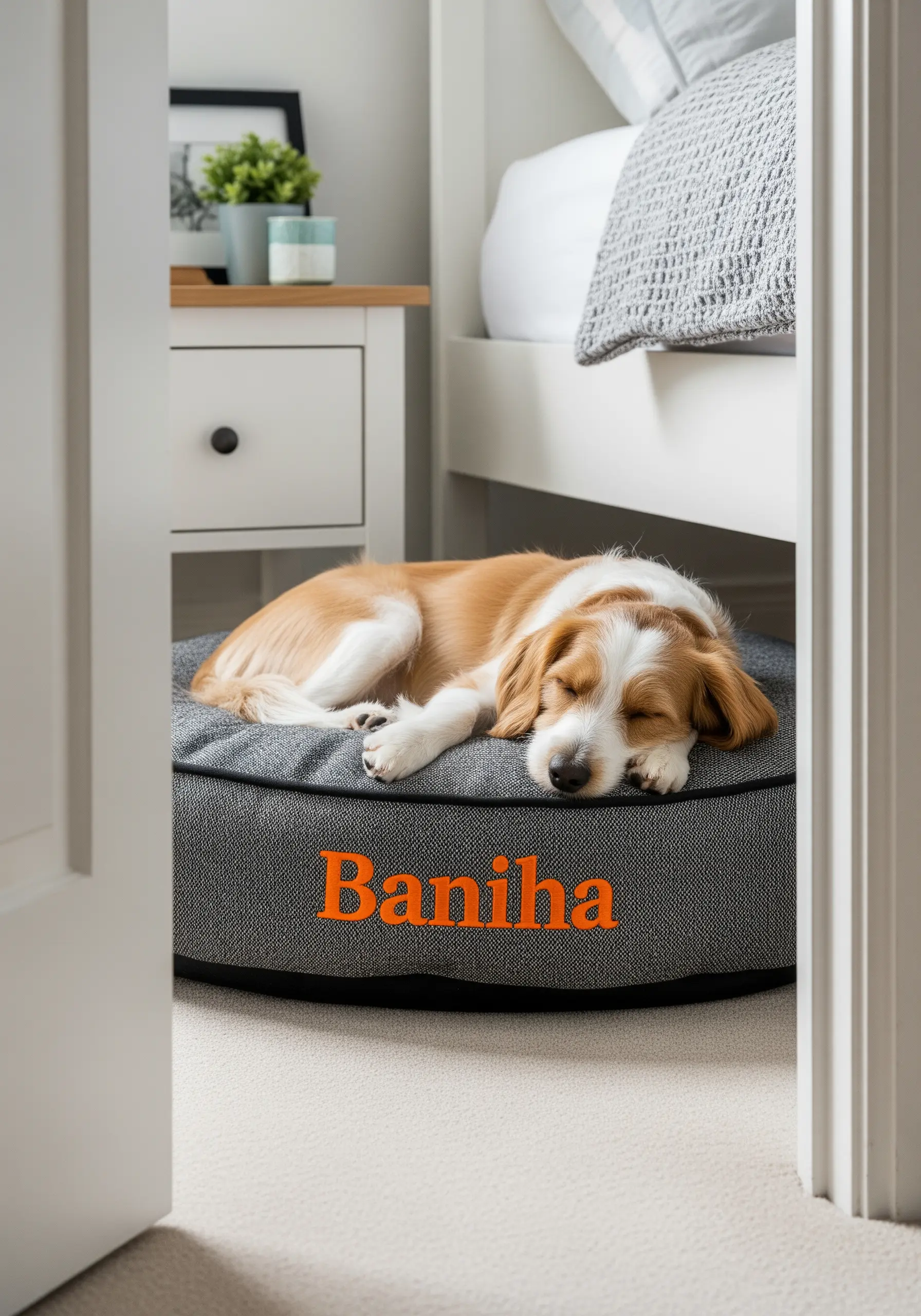 A grey dog bed with the name 'Baniha' embroidered in a bold, orange font.