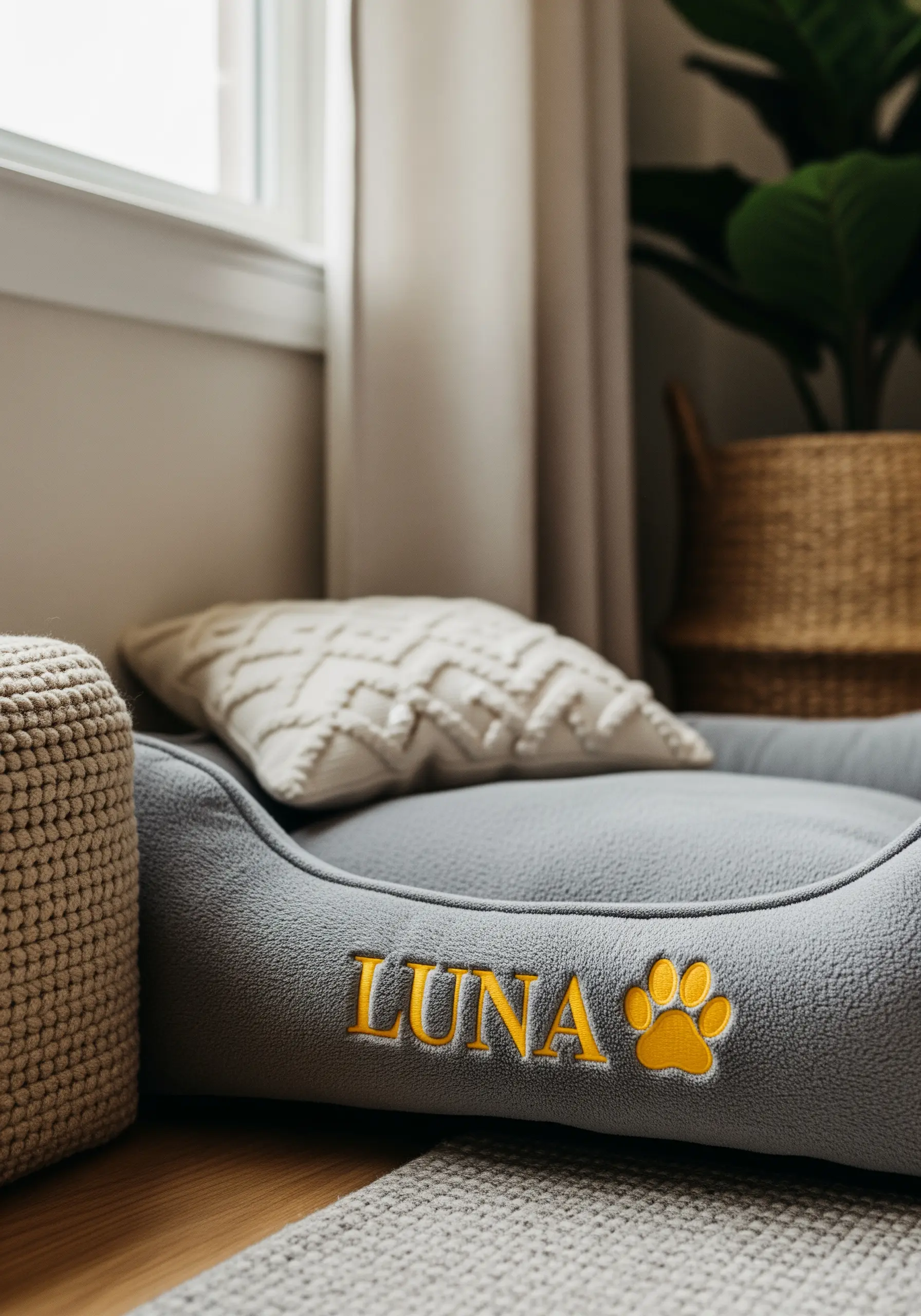A personalized grey pet bed with the name 'Luna' and a paw print embroidered in yellow