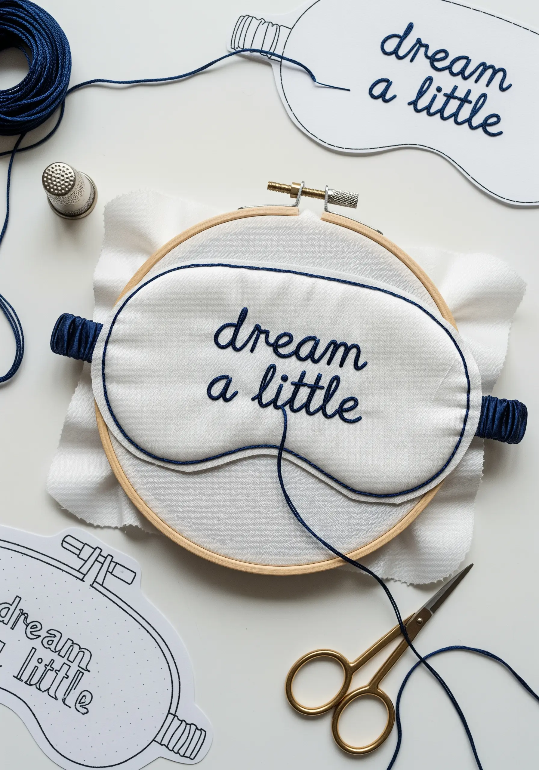 A white sleep mask in an embroidery hoop with the phrase 'dream a little' stitched in navy.