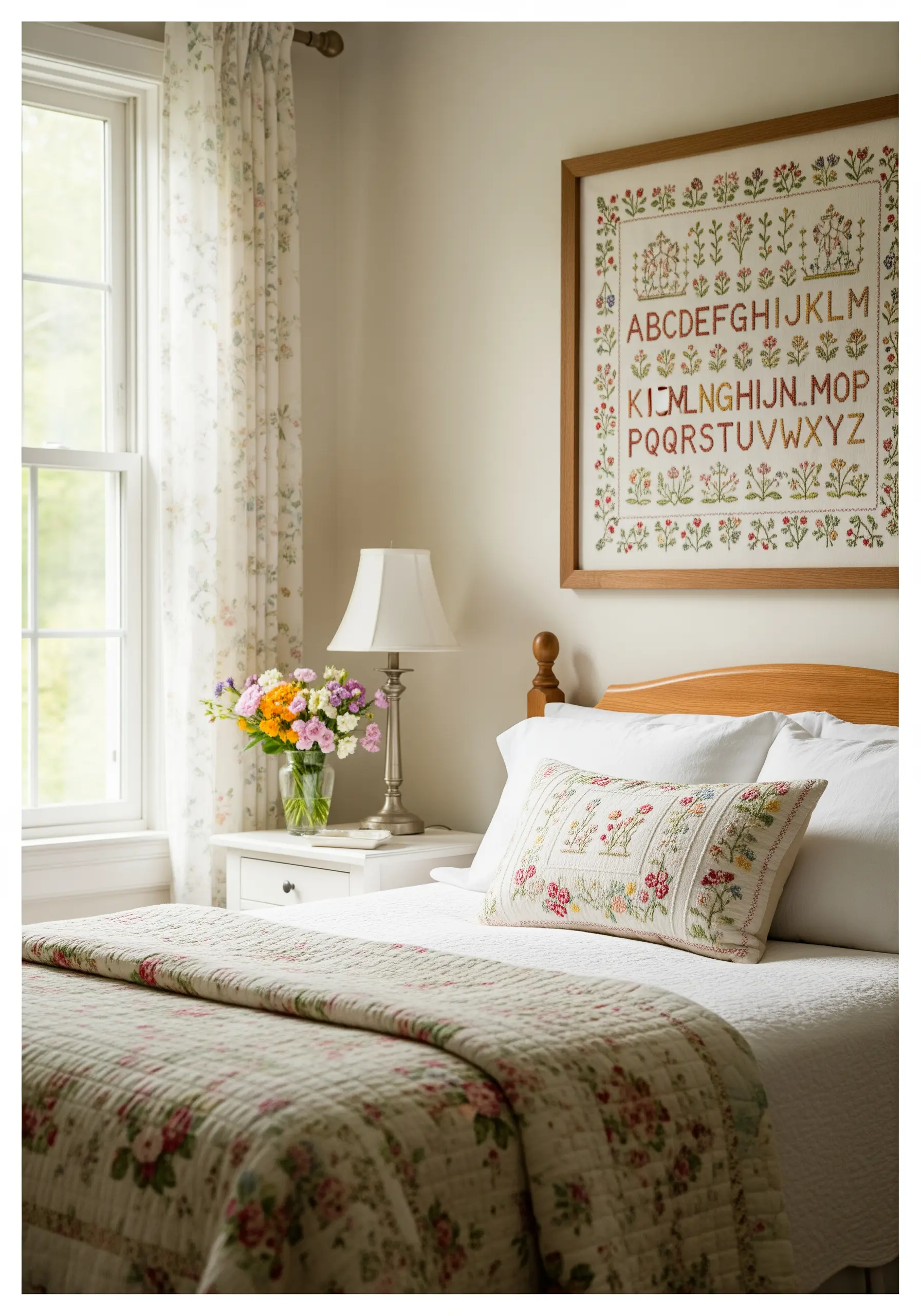 A framed, traditional-style alphabet sampler with floral motifs hanging above a bed.