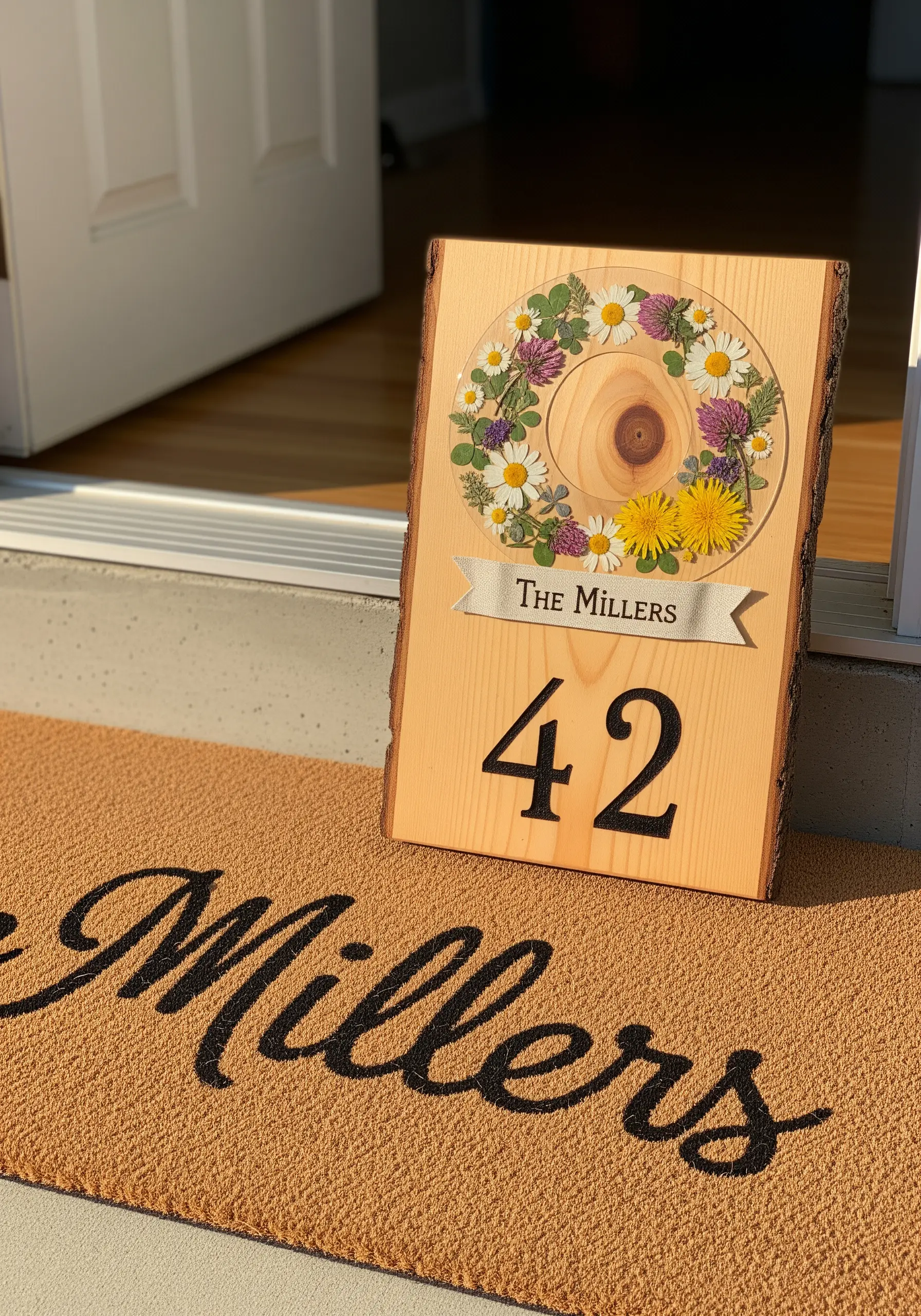 A wooden house number sign decorated with a pressed flower wreath and an embroidered family name banner.