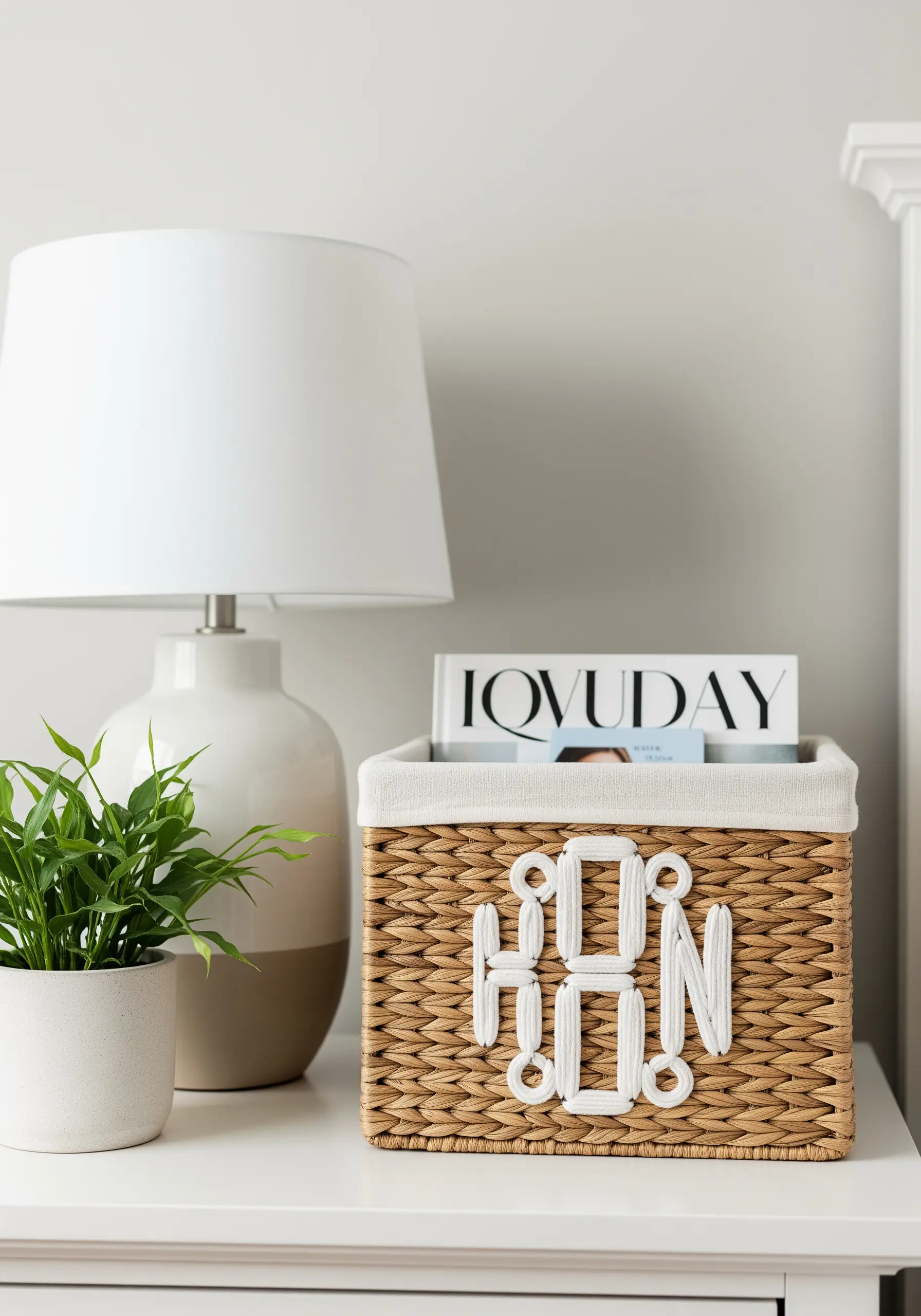 A woven storage basket on a nightstand featuring a large, white yarn-wrapped monogram.