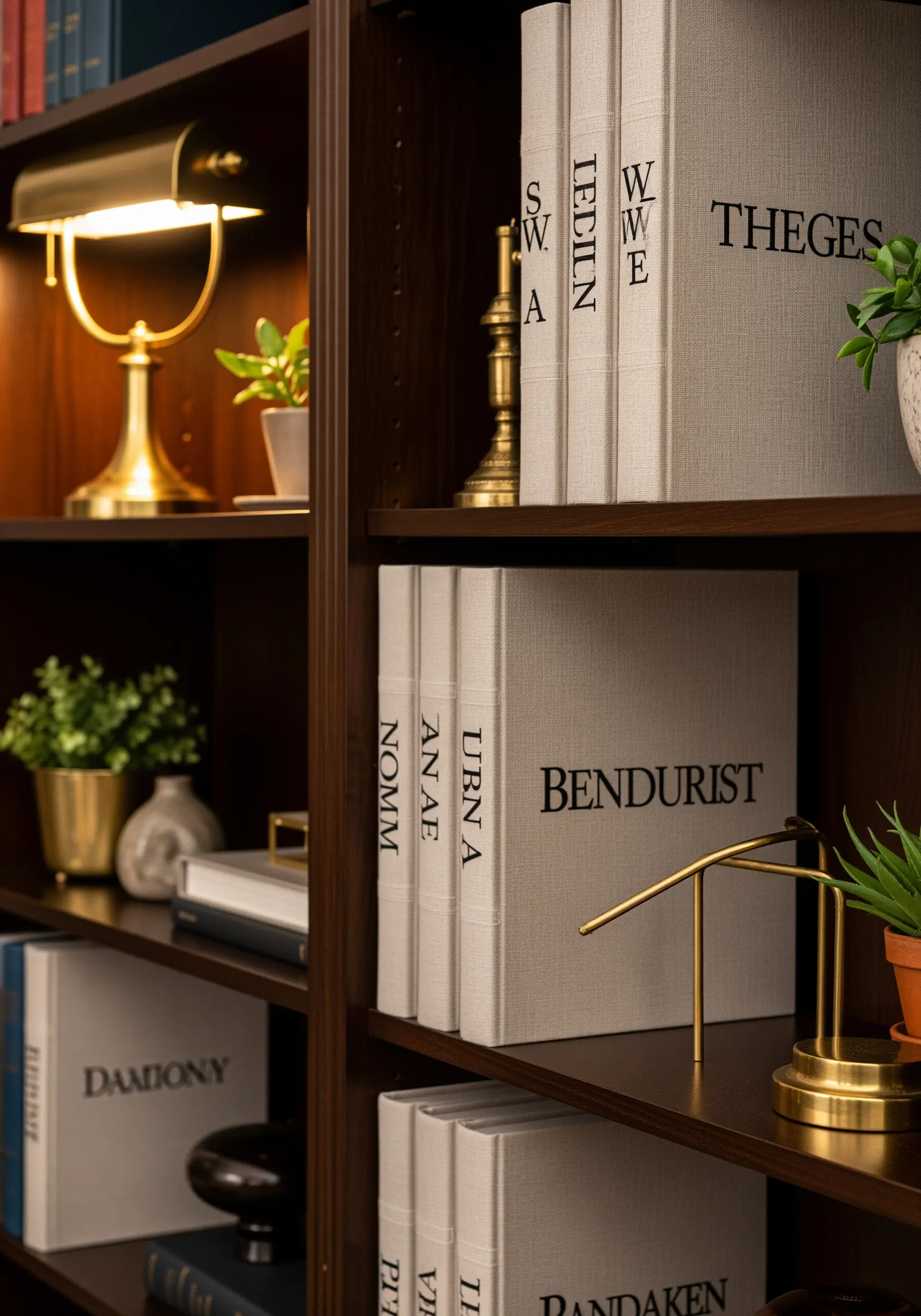 Linen-covered books on a shelf with modern black embroidered titles on the spines.