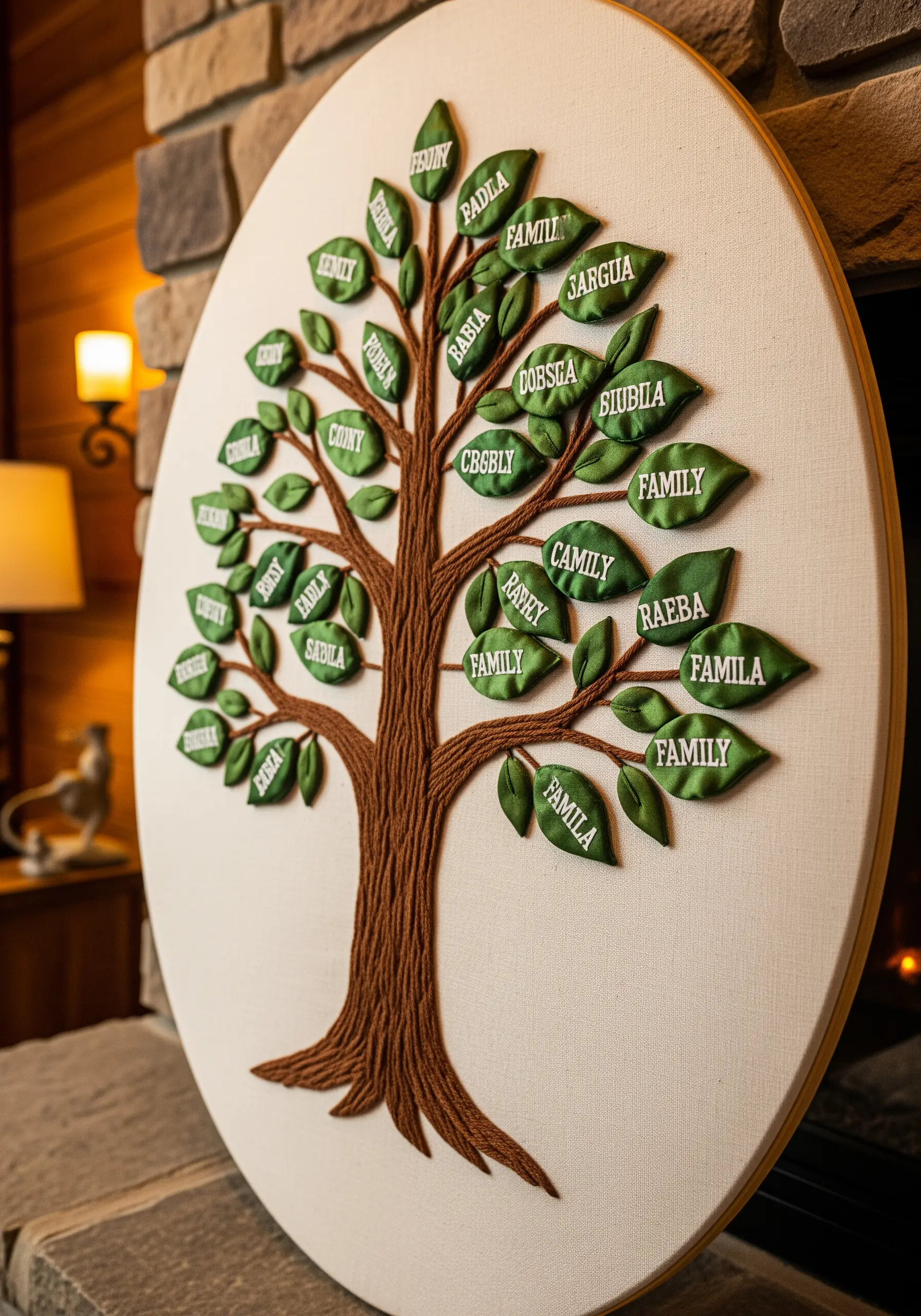 A family tree embroidered in an oval hoop with names on ribbon leaves