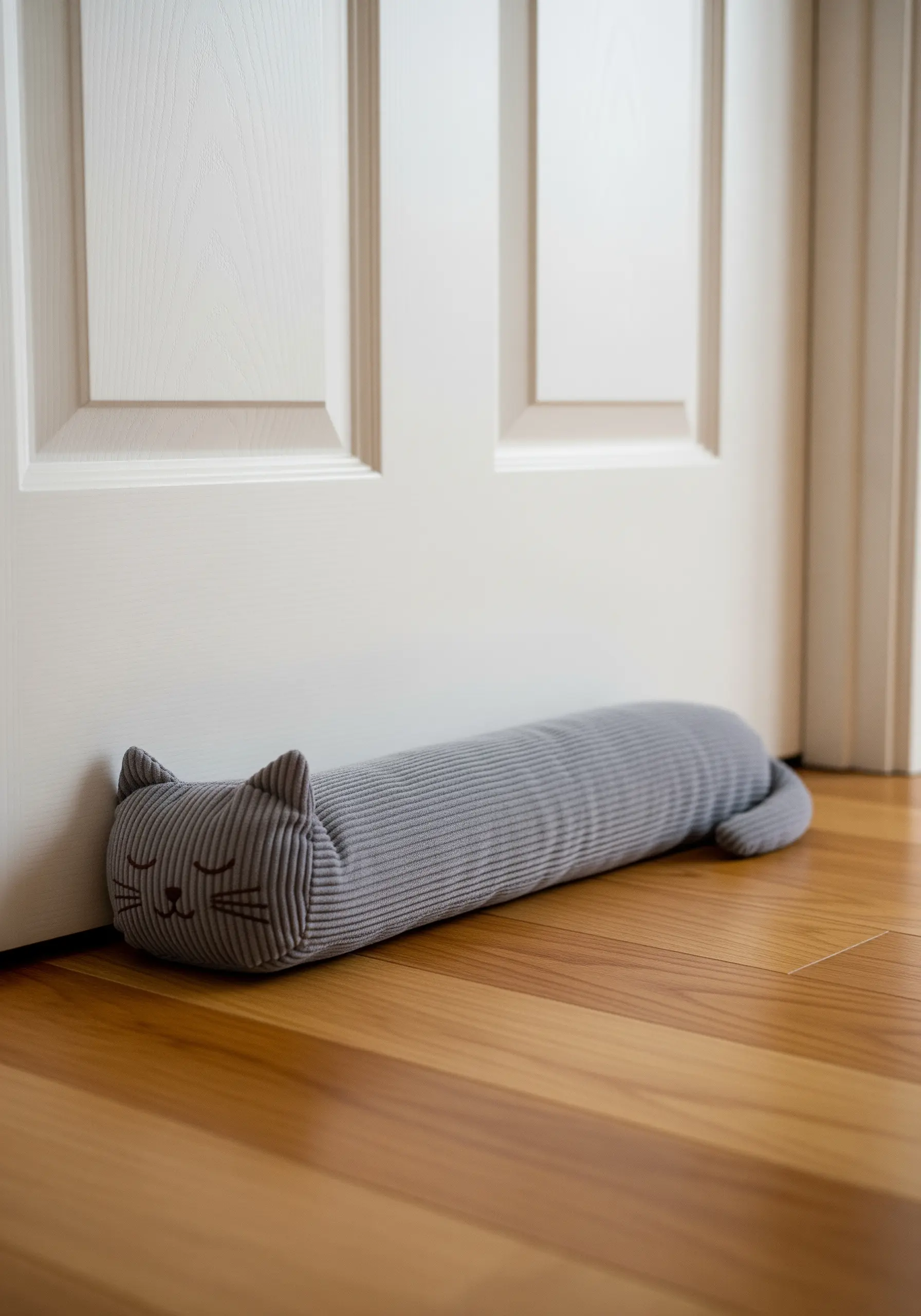 A grey corduroy draft stopper shaped like a sleeping cat at the base of a white door.