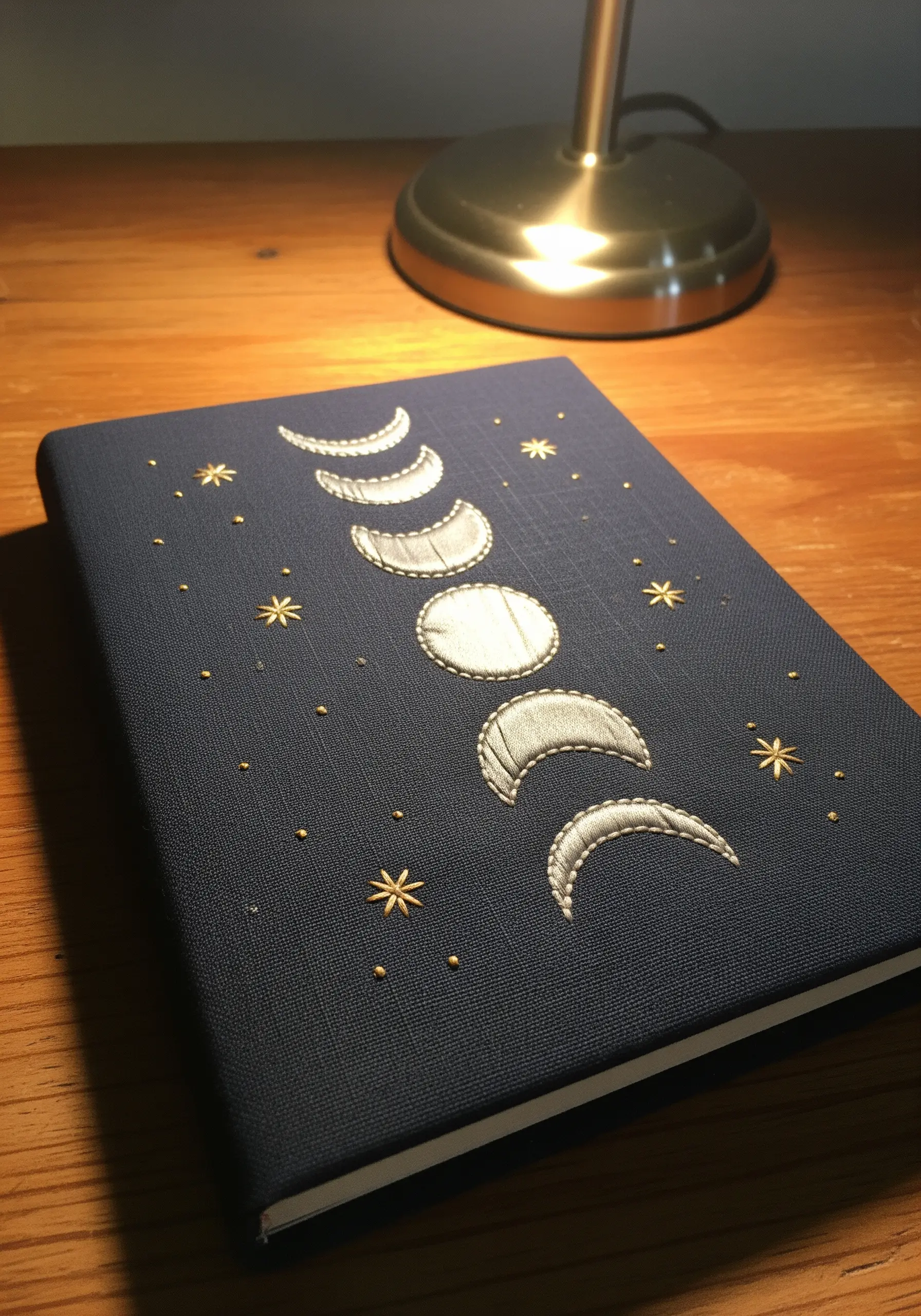 Dark blue journal with embroidered moon phases in silver padded appliqué and gold stars.