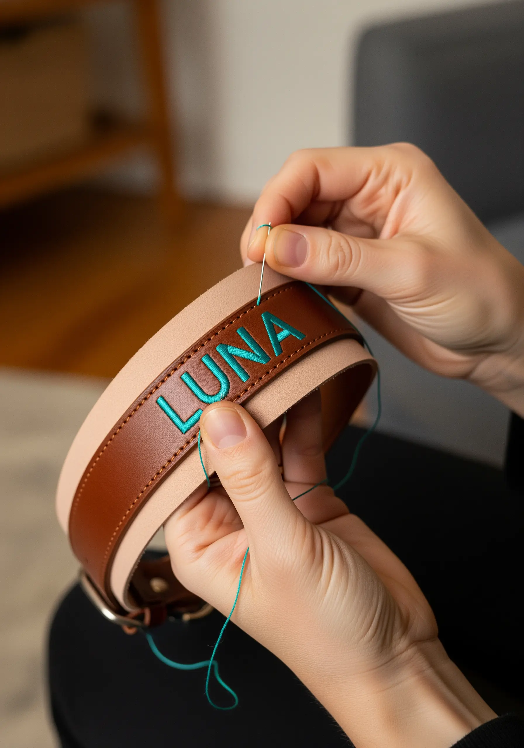 Hands hand-stitching the name 'LUNA' in turquoise thread onto a brown leather dog collar.