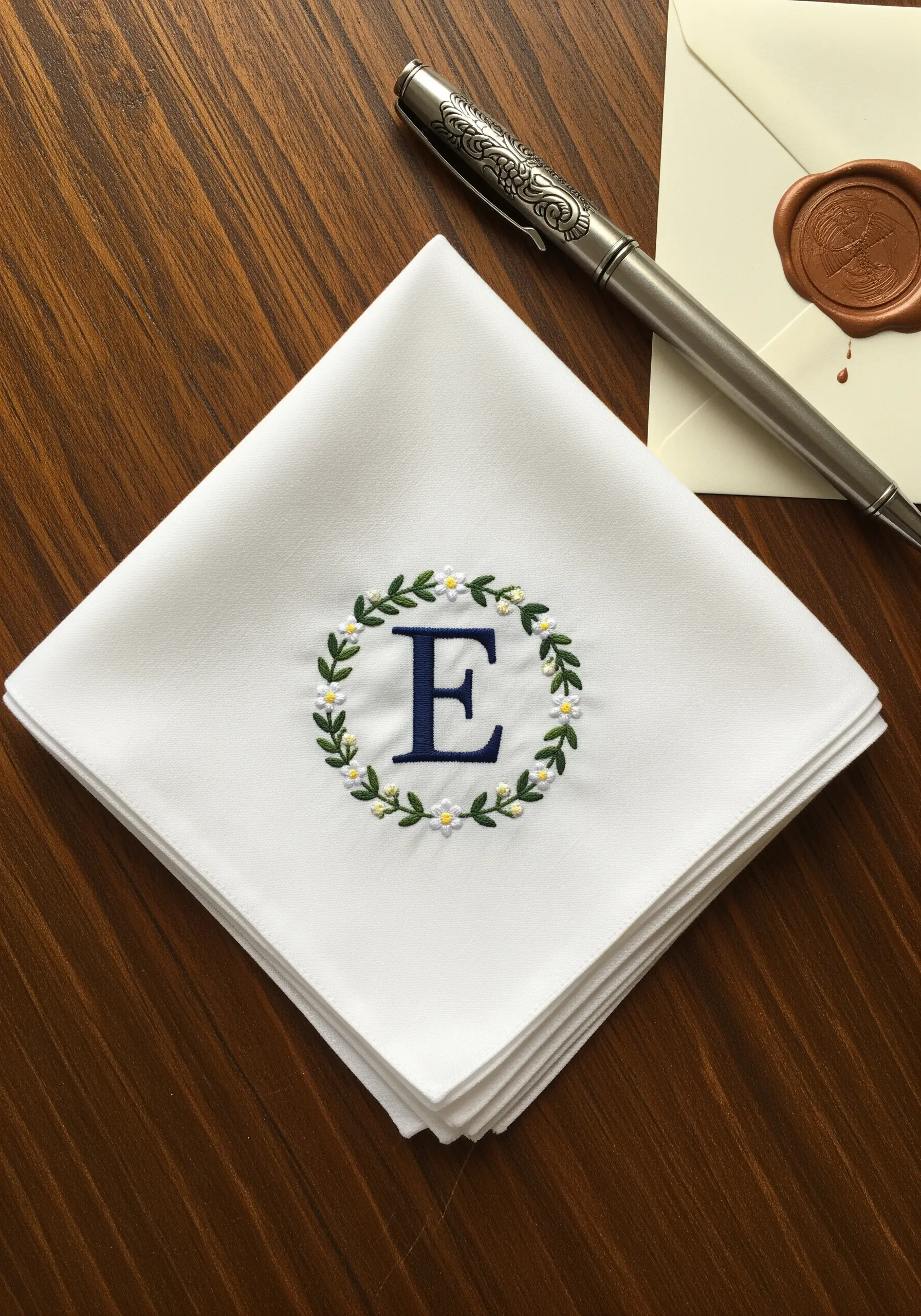 A crisp white handkerchief with the letter E embroidered in navy blue inside a floral wreath