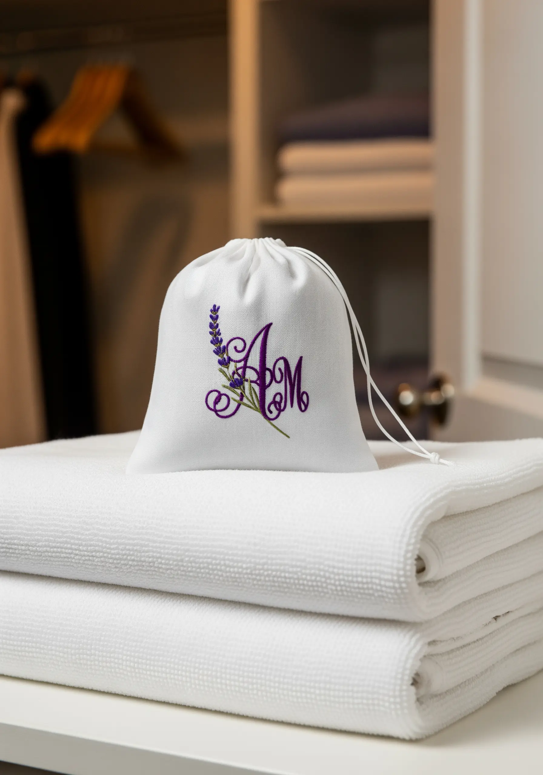 A lavender sachet with a purple embroidered 'AM' monogram wrapped in lavender sprigs.