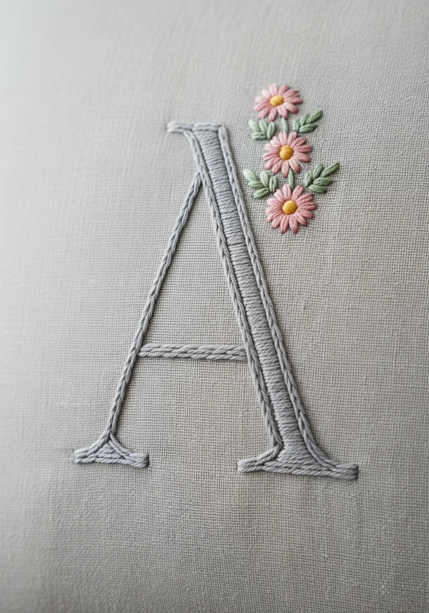 An embroidered letter 'A' in grey satin stitch, adorned with small pink daisies.