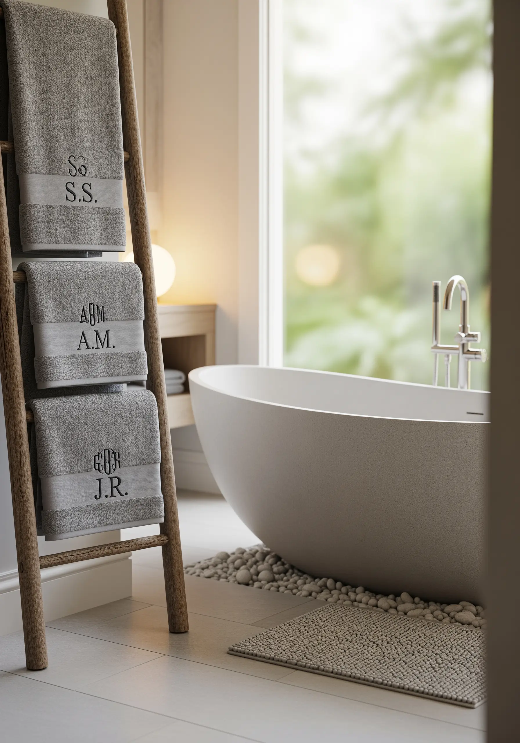 Elegant monograms embroidered in gray thread on folded gray bath towels.